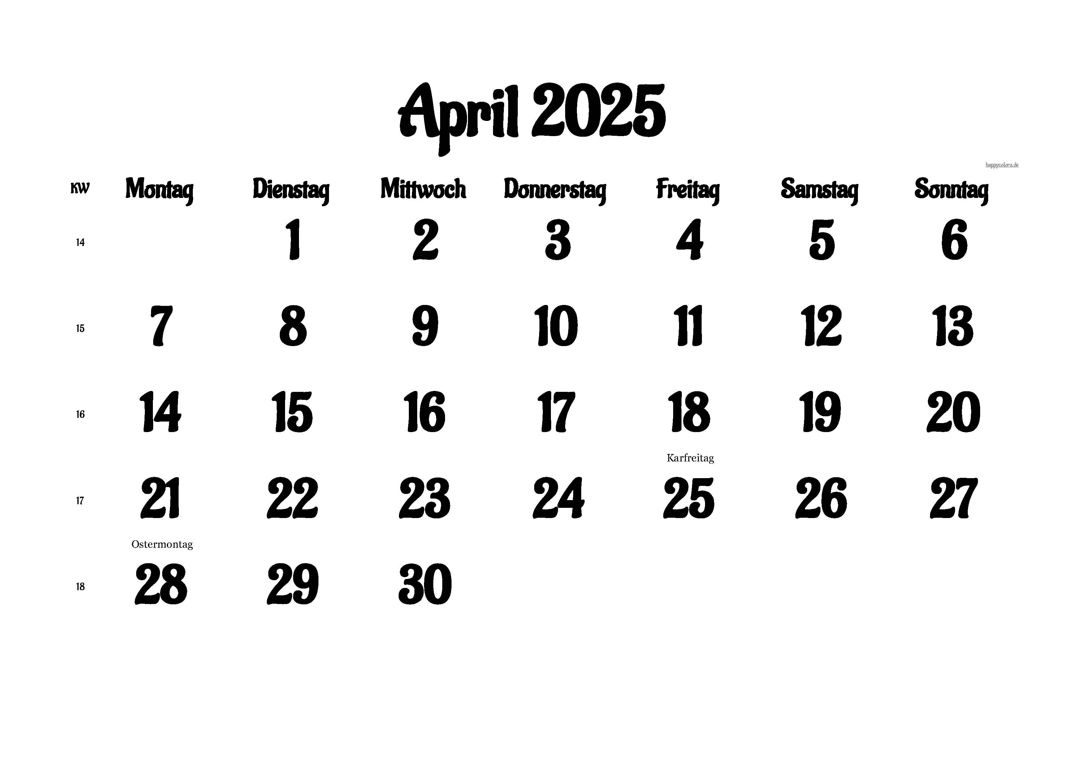 Kalender April 2025 mit Feiertagen