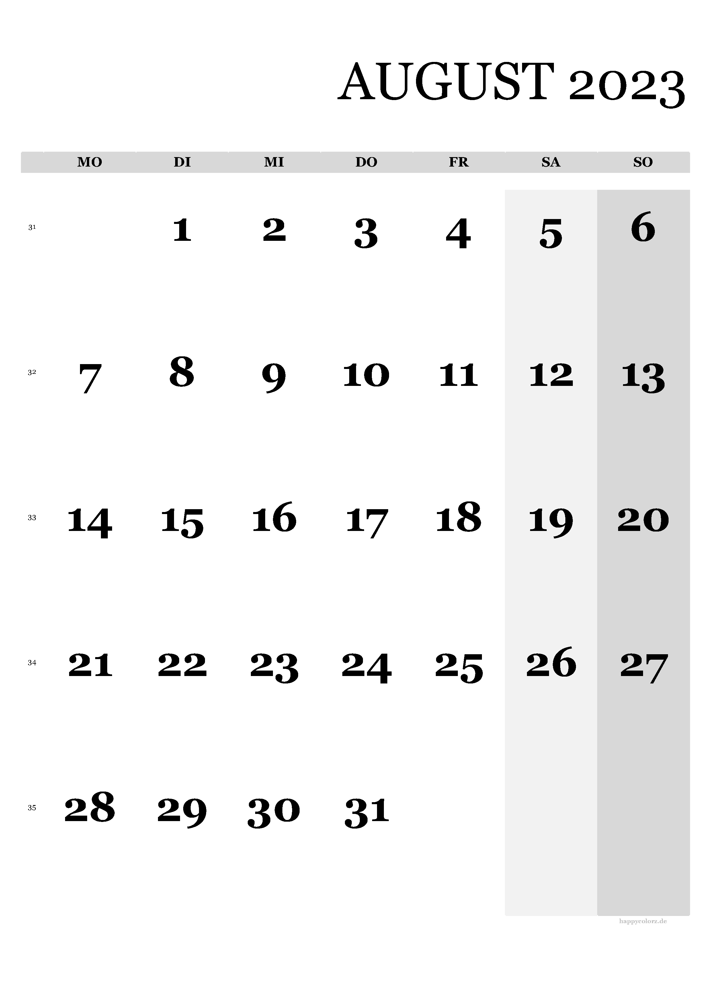 Kalender August 2023 - Hochformat, kostenlos zum Ausdrucken