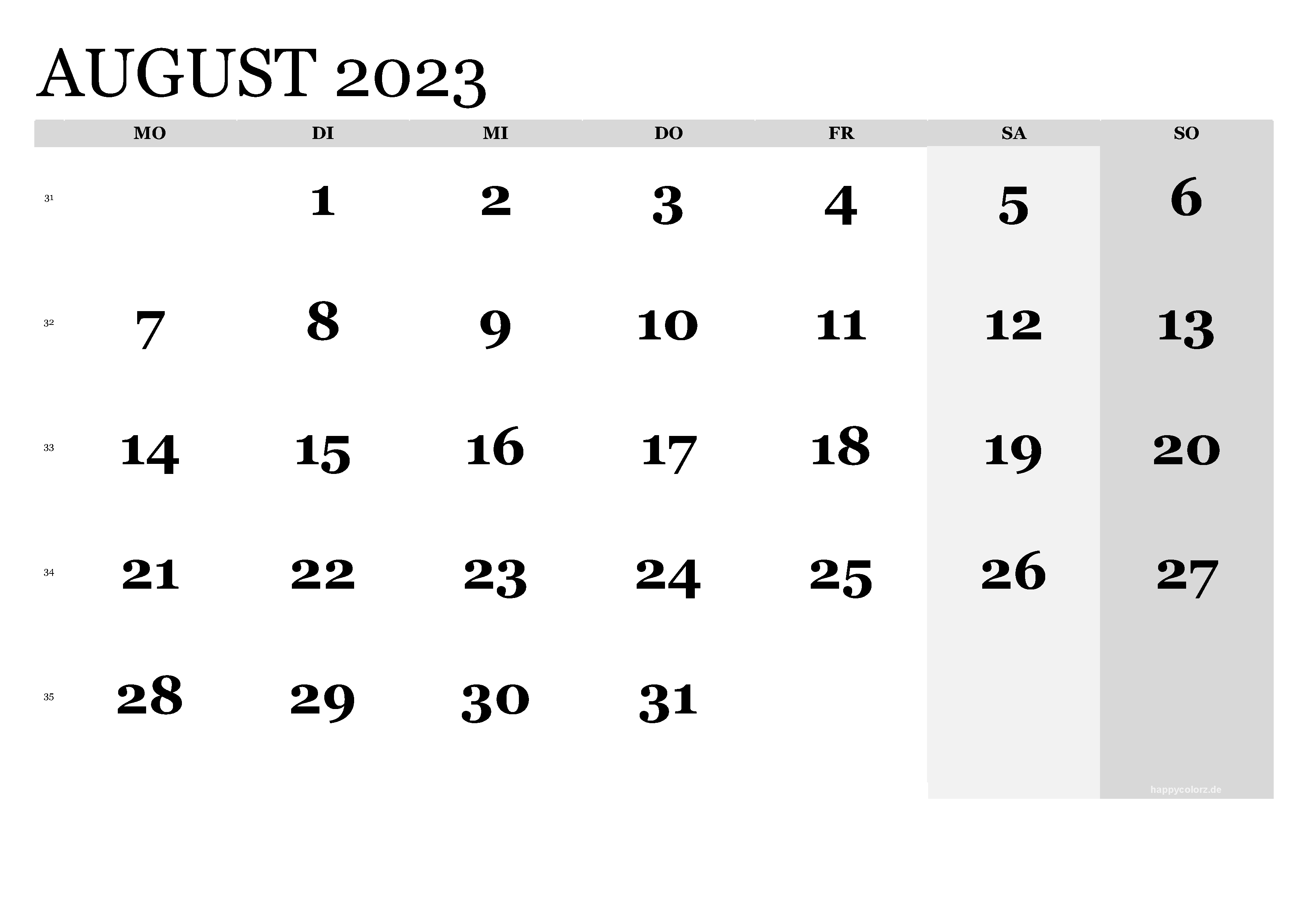 Kalender August 2023 klassisch, Querformat PDF zum Ausdrucken