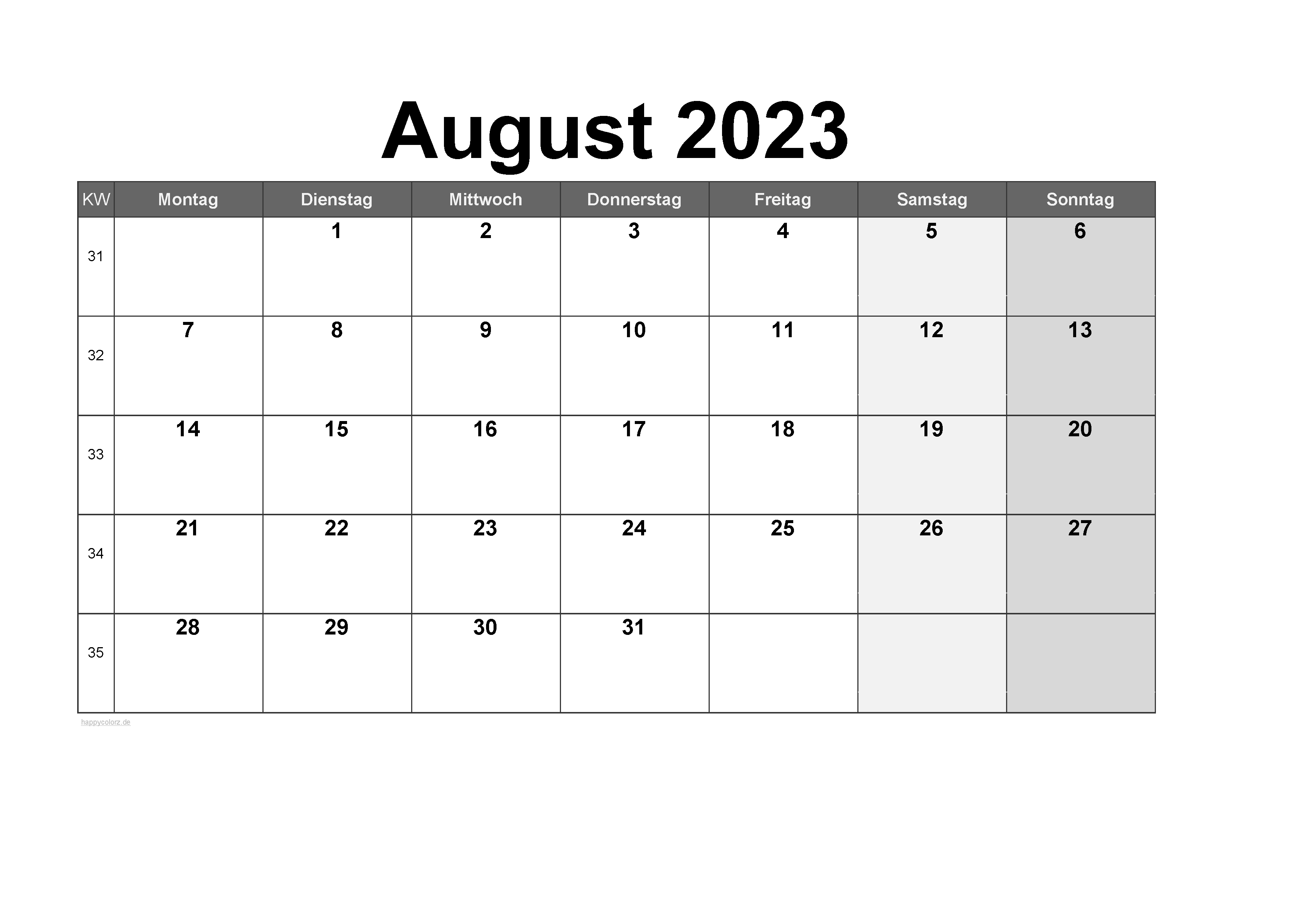 Vorlage Monatskalender August 2023 zum kostenlosen Ausdrucken