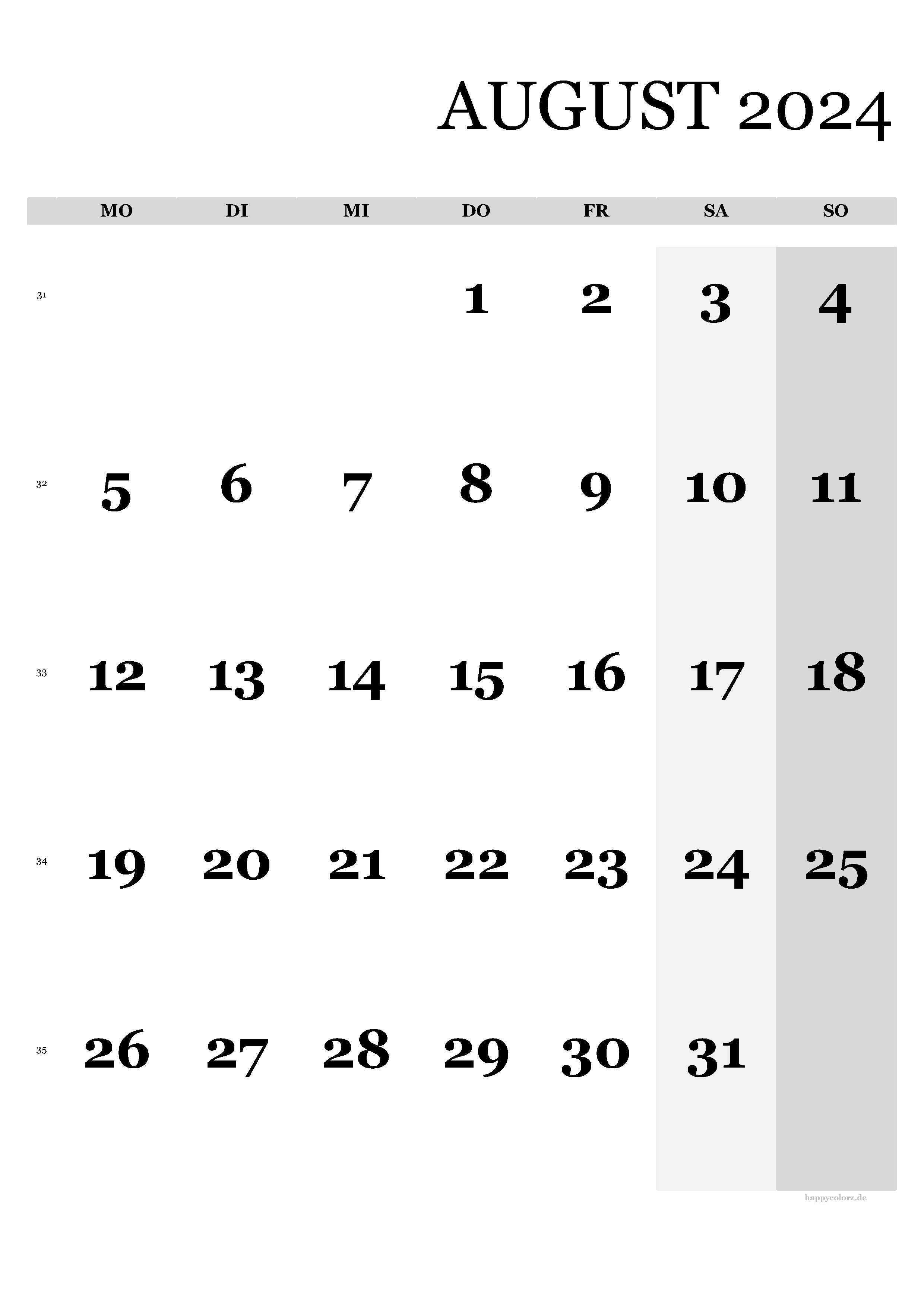 Kalender August 2024 - Hochformat, kostenlos zum Ausdrucken