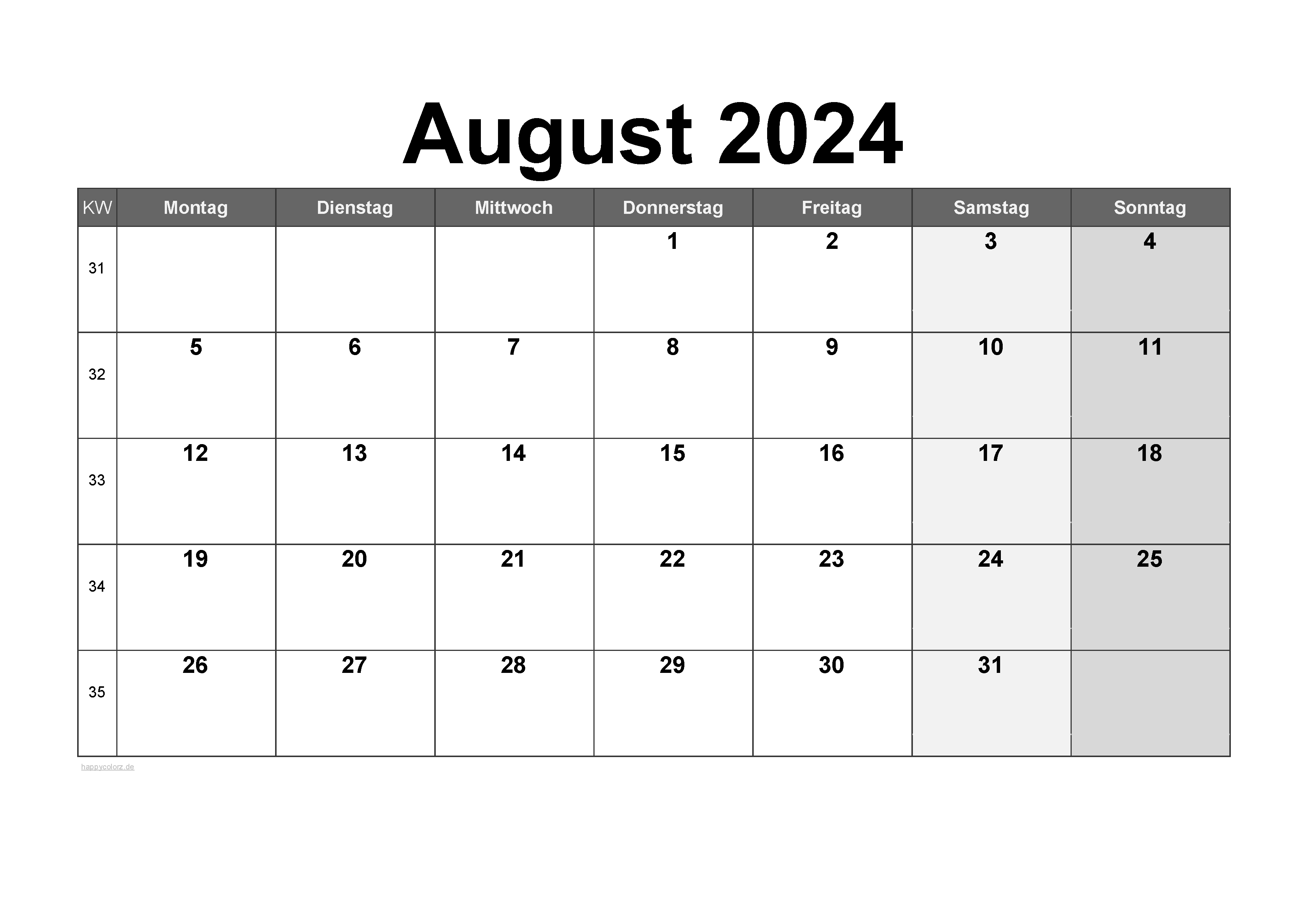 Vorlage Monatskalender August 2024 zum kostenlosen Ausdruck
