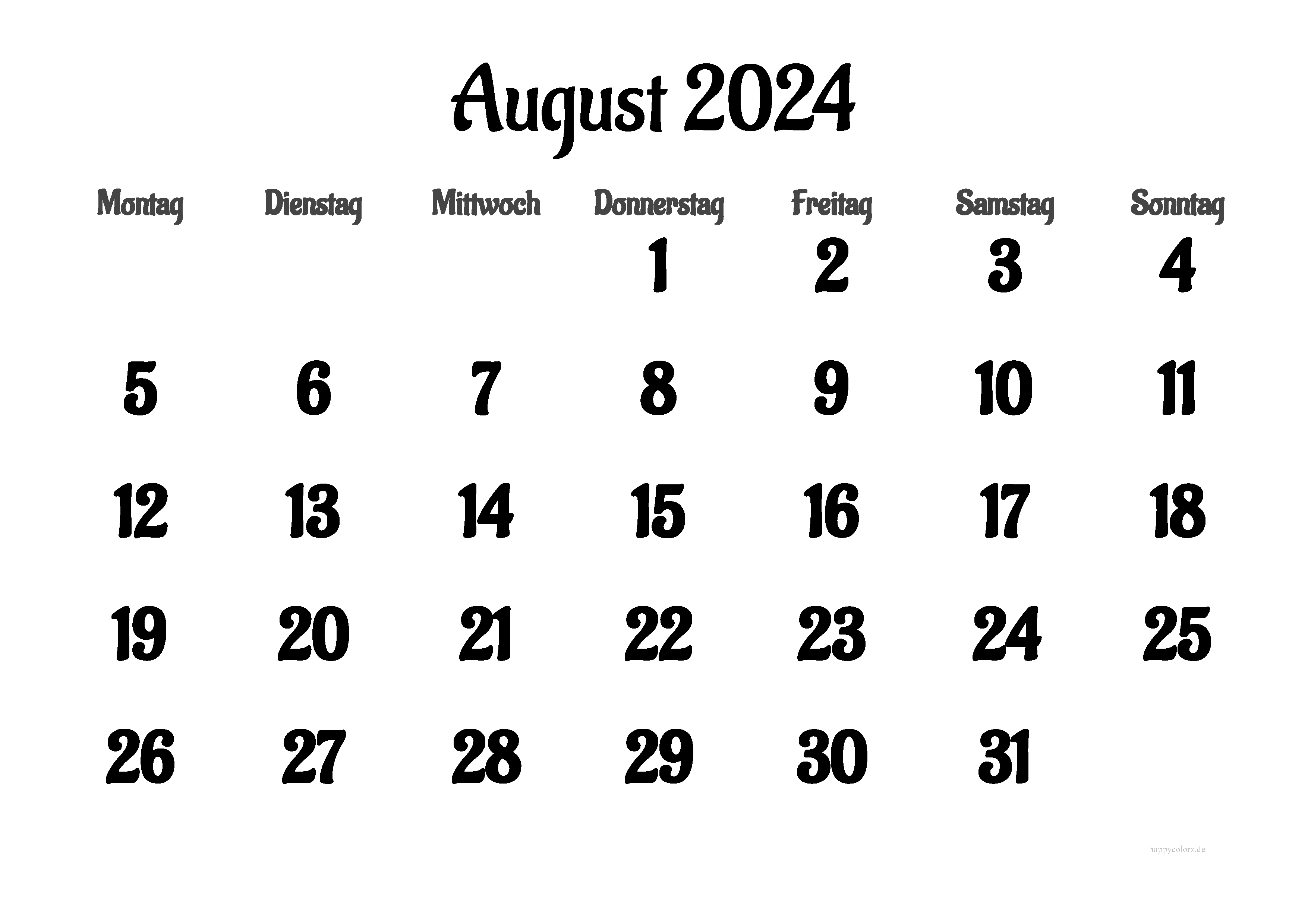 Kalender August 2024 zum Ausdrucken (PDF, XLS, PNG)