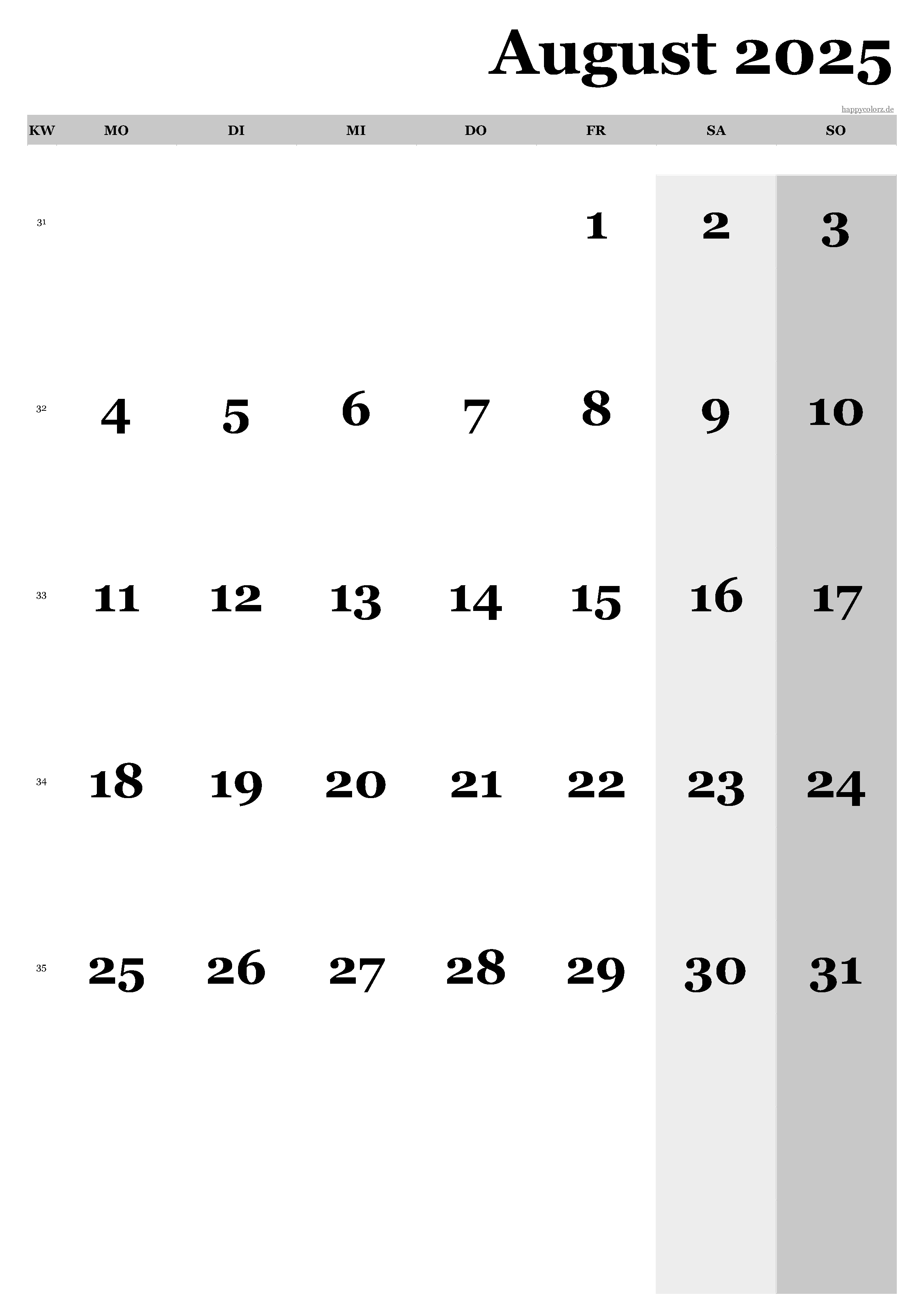 Kalender August 2025 - Hochformat, kostenlos zum Ausdrucken