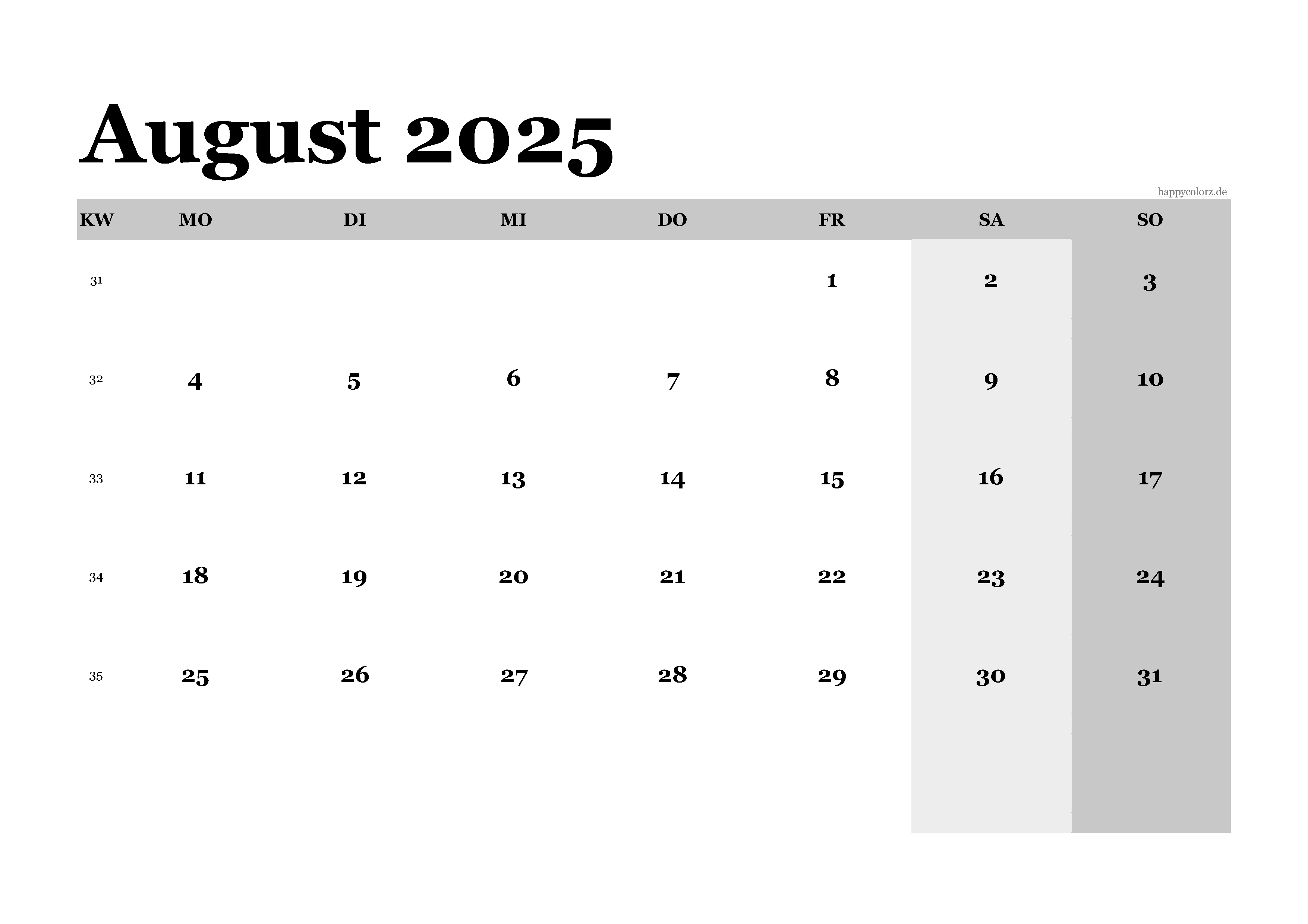 Kalender August 2025 klassisch, Querformat PDF zum Ausdrucken