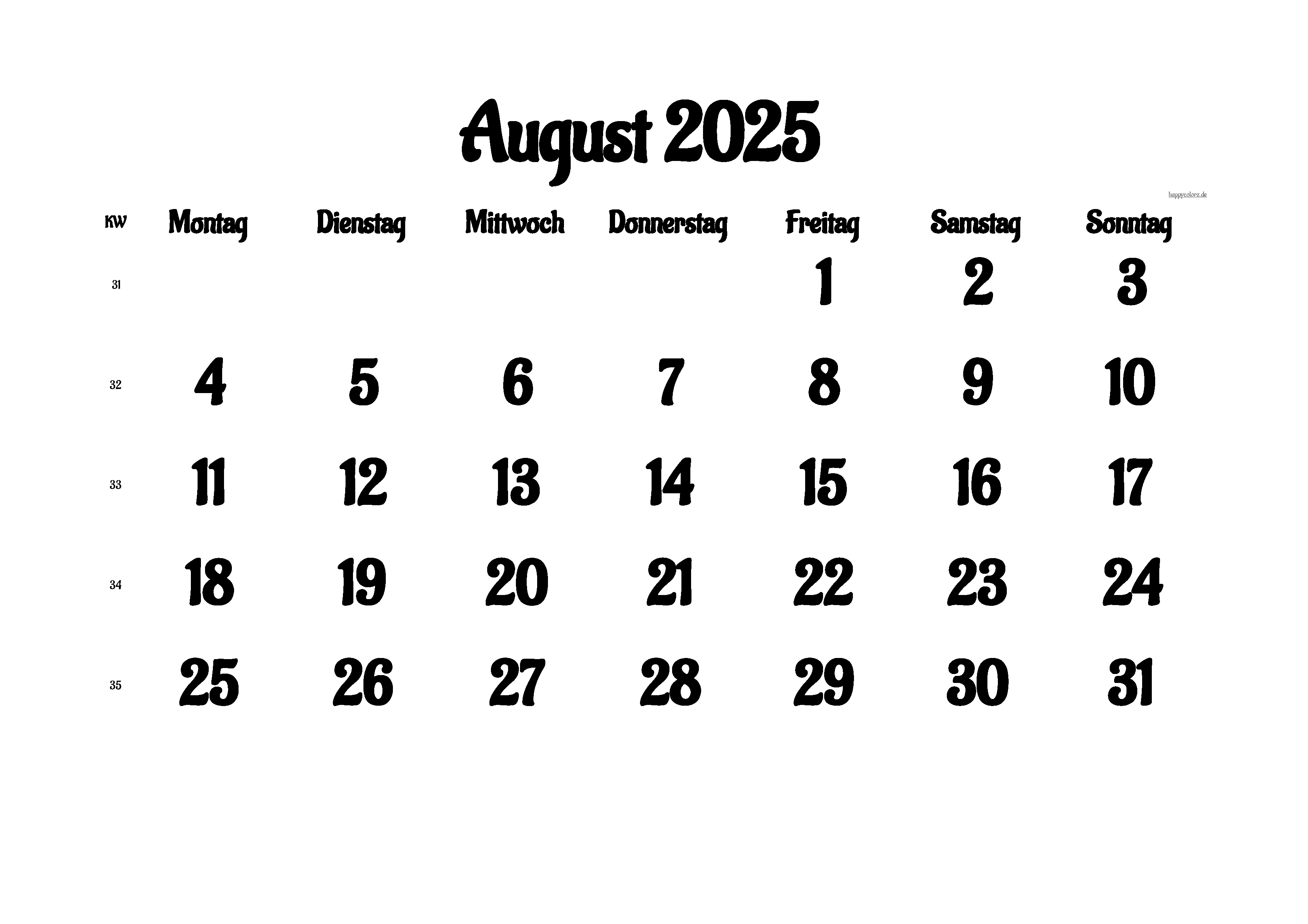 Kalender August 2025 mit Feiertagen