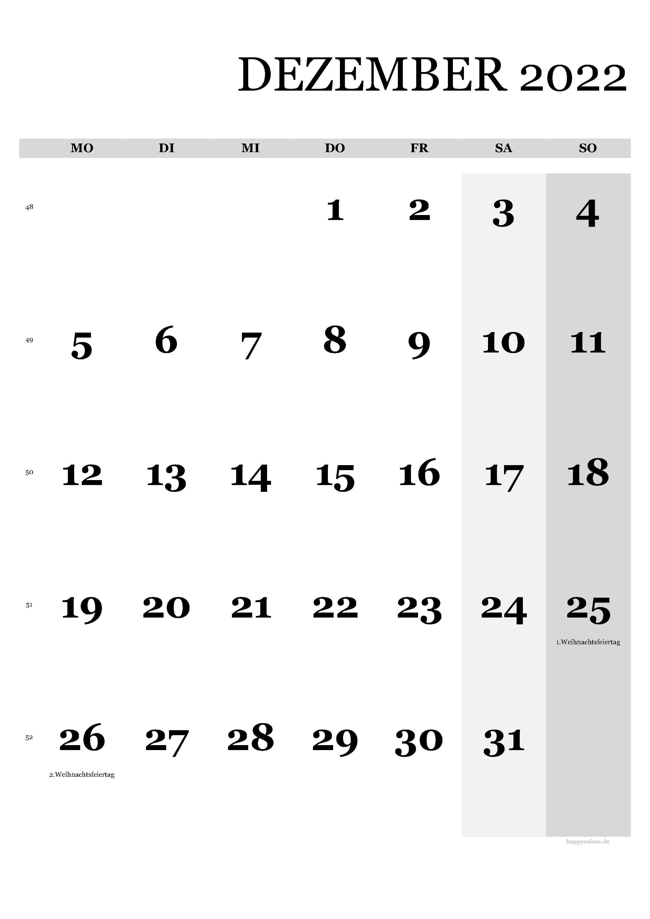 Kalender Dezember 2022 - Hochformat, kostenlos zum Ausdrucken