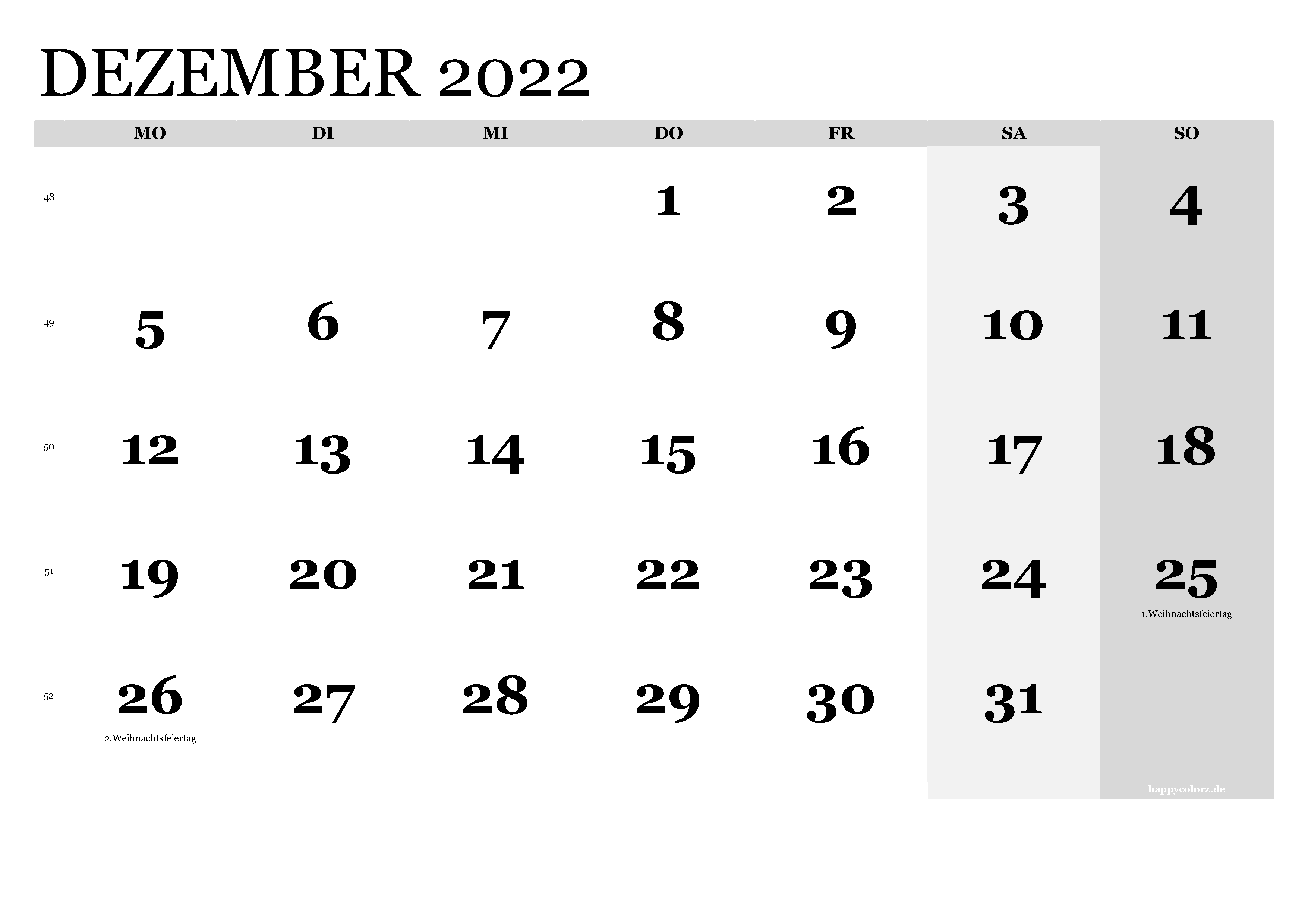 Dezember 2022 calendar printable