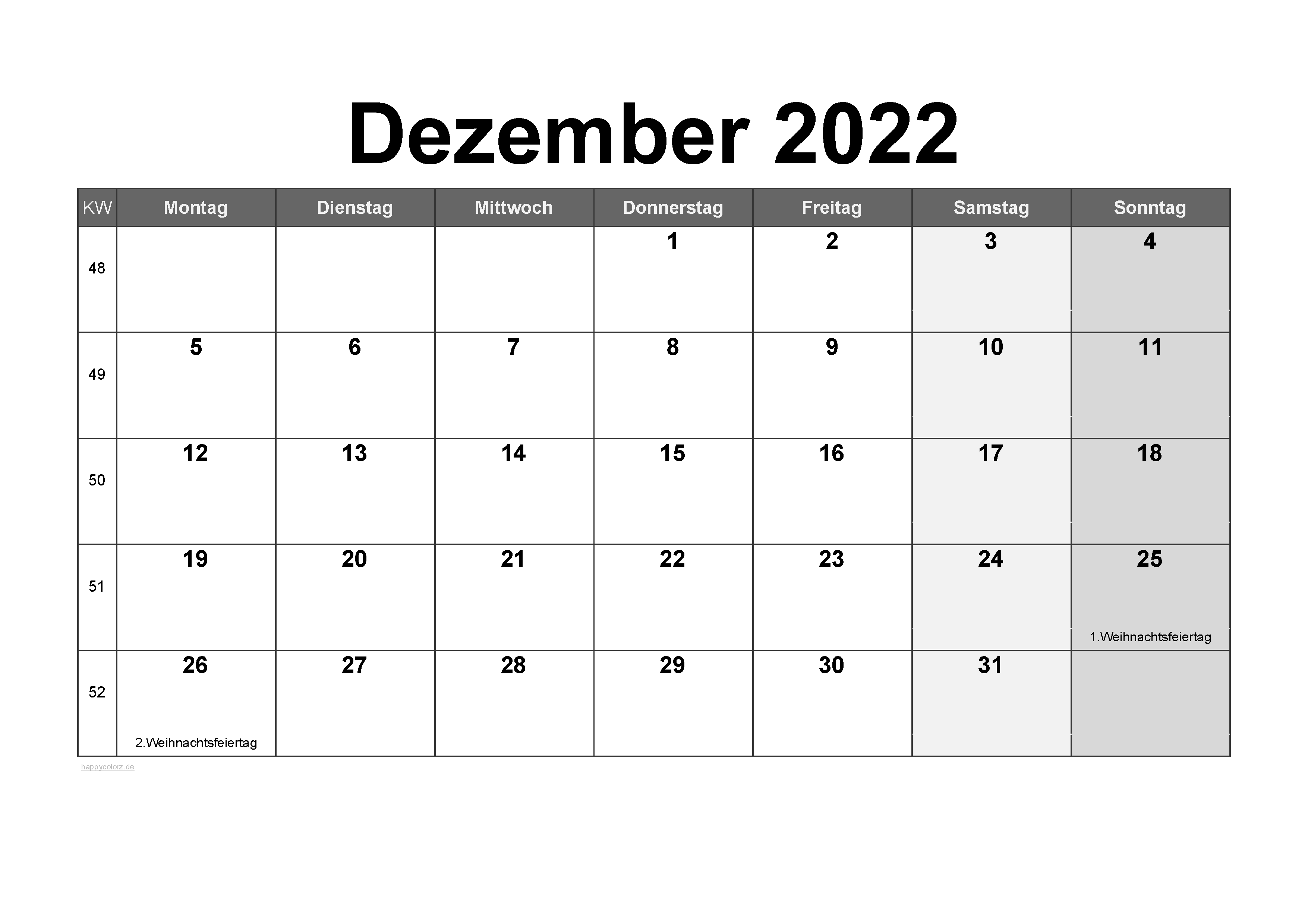 Vorlage Monatskalender Dezember 2022 zum kostenlosen Ausdruck