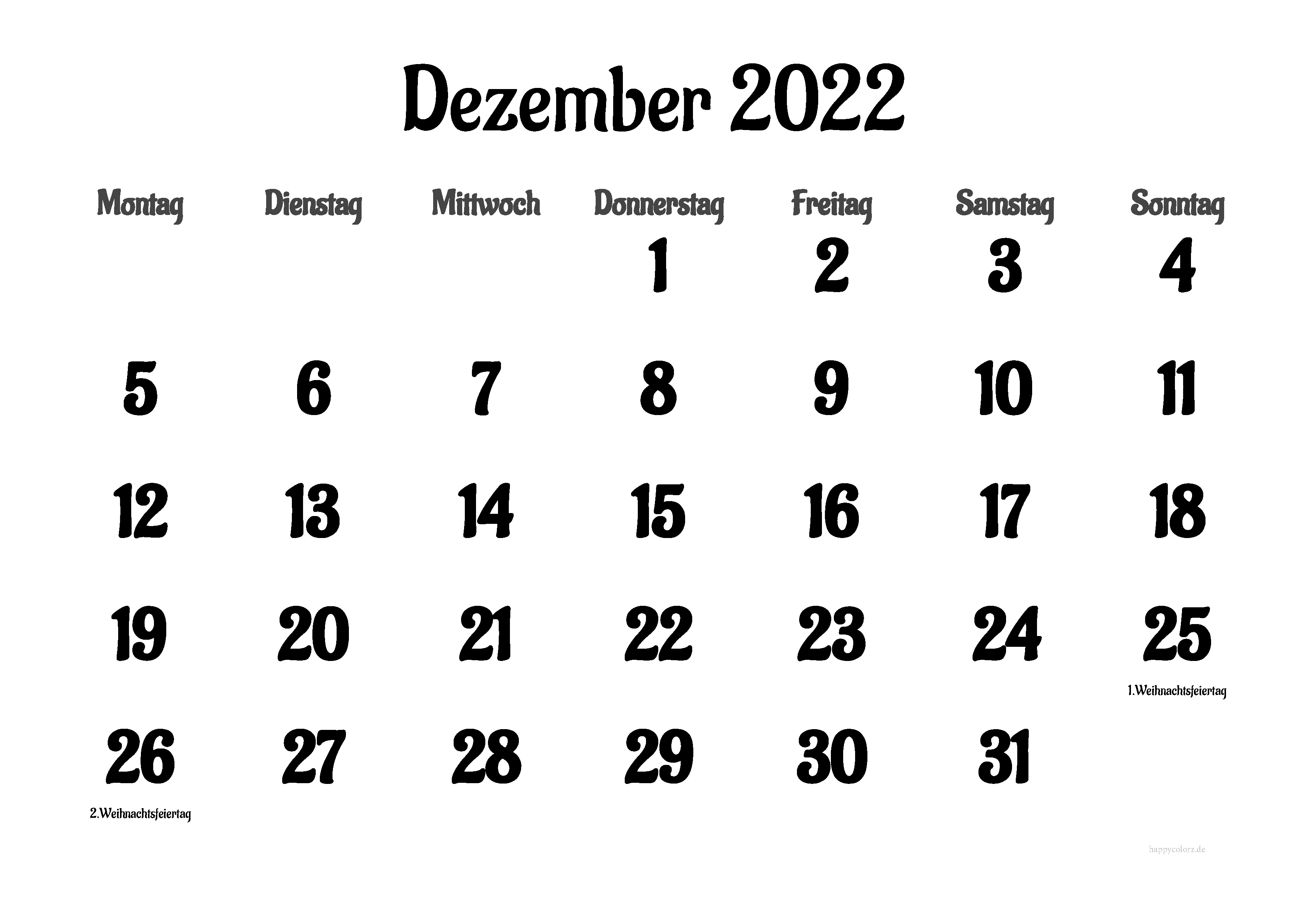 Kalender Dezember 2022 mit Feiertagen