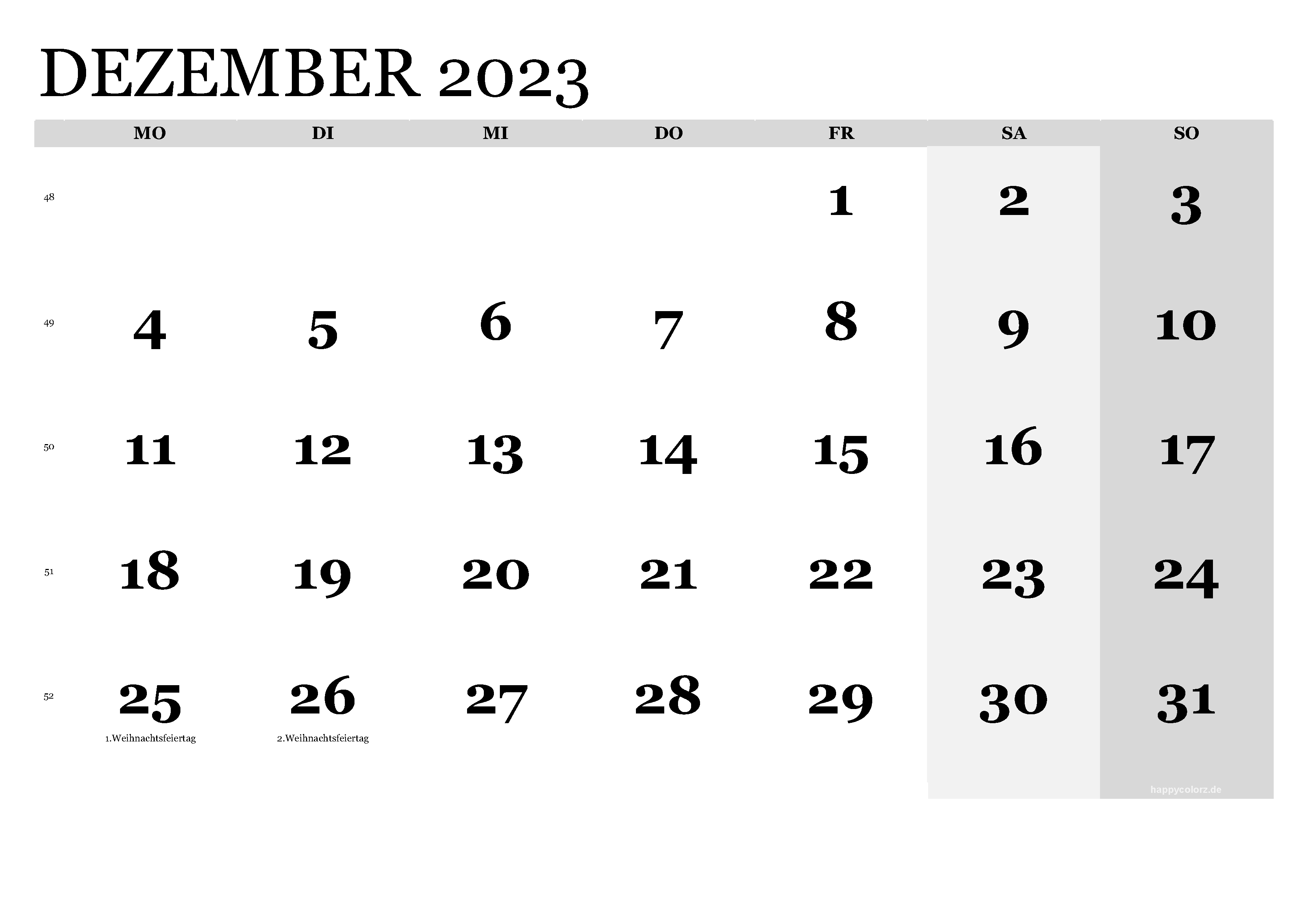 Kalender Dezember 2023 klassisch, Querformat PDF zum Ausdrucken