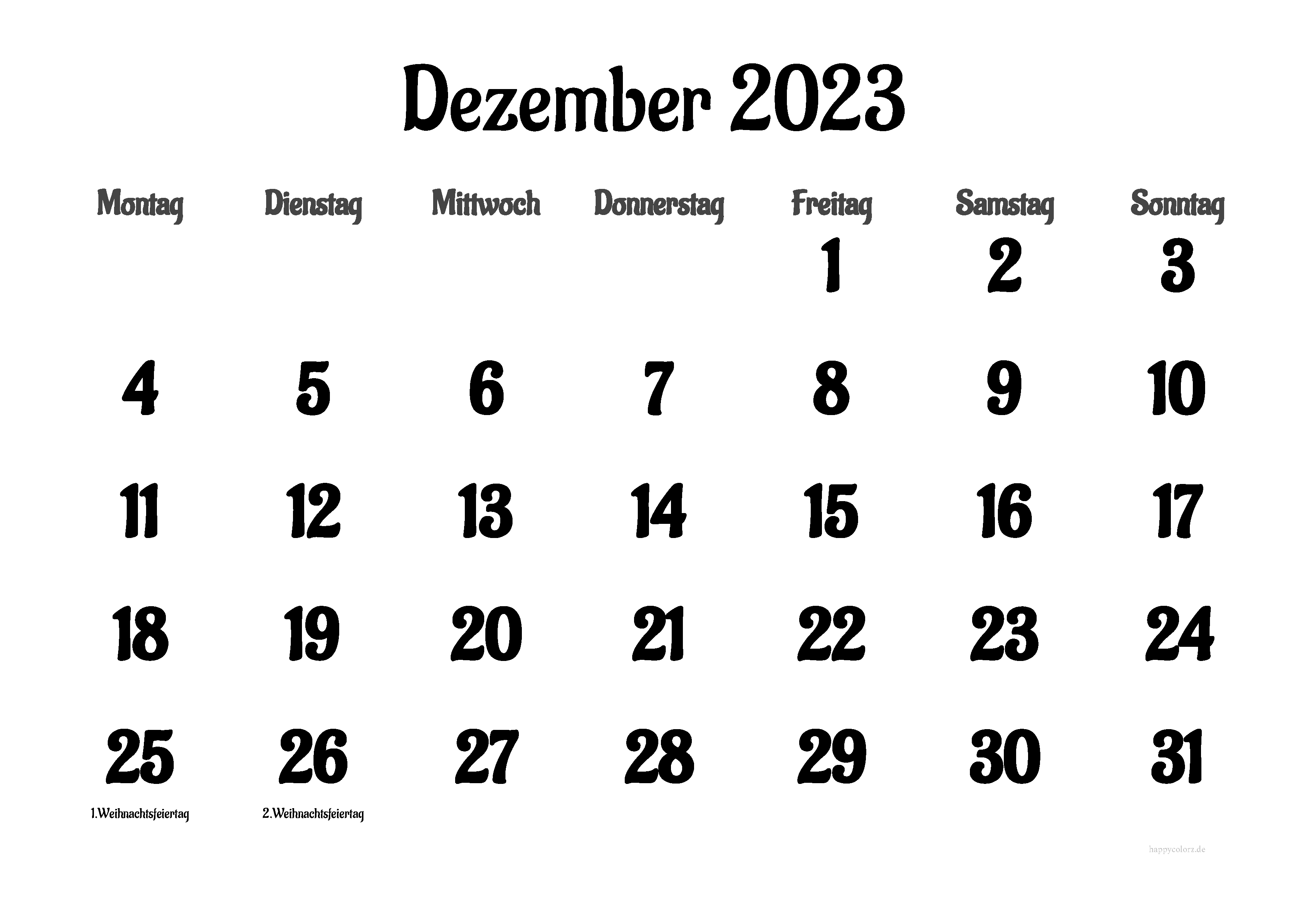 Kalender Dezember 2023 mit Feiertagen