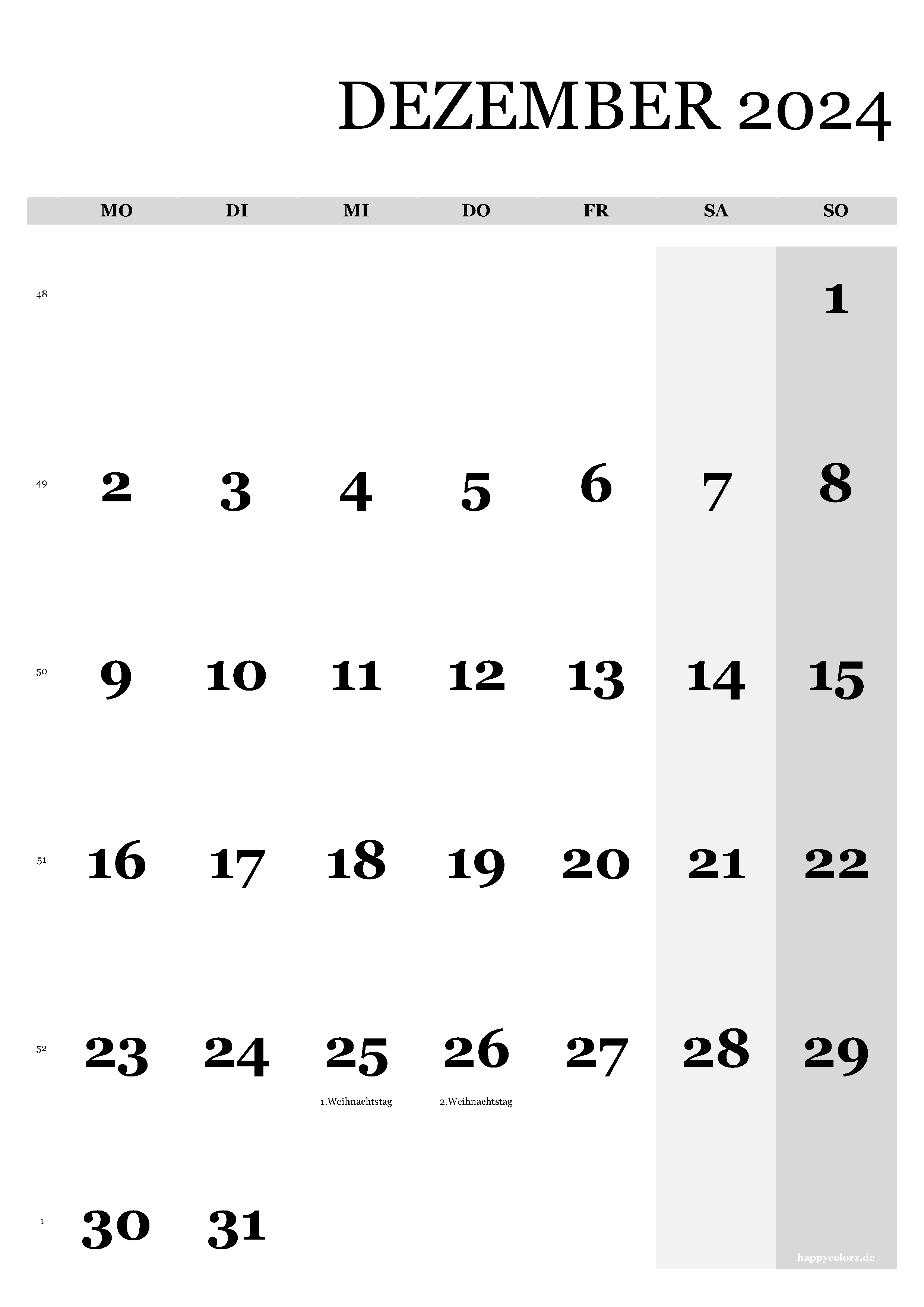 Kalender Dezember 2024 - Hochformat, kostenlos zum Ausdrucken