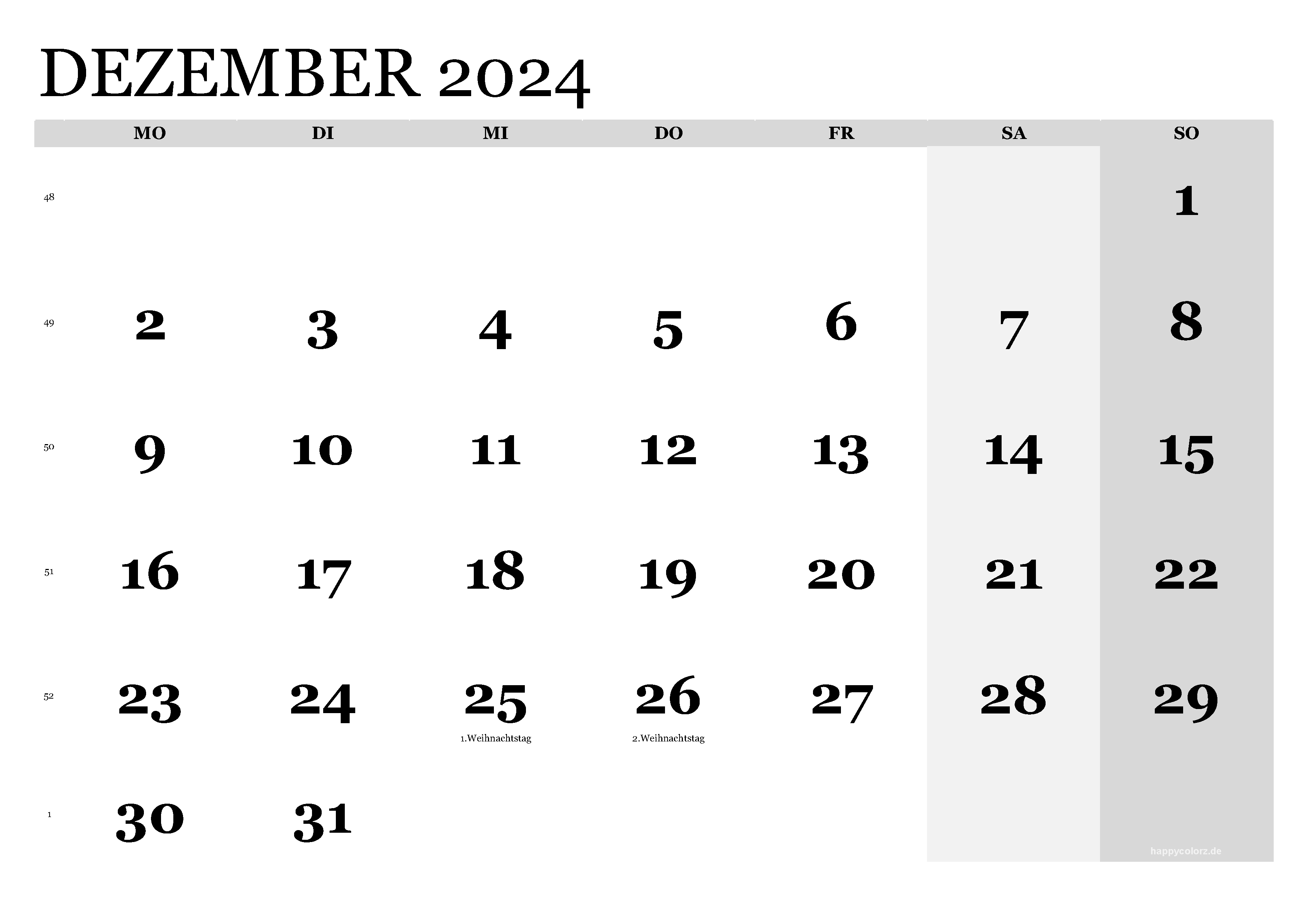 Kalender Dezember 2024 klassisch, Querformat PDF zum Ausdrucken