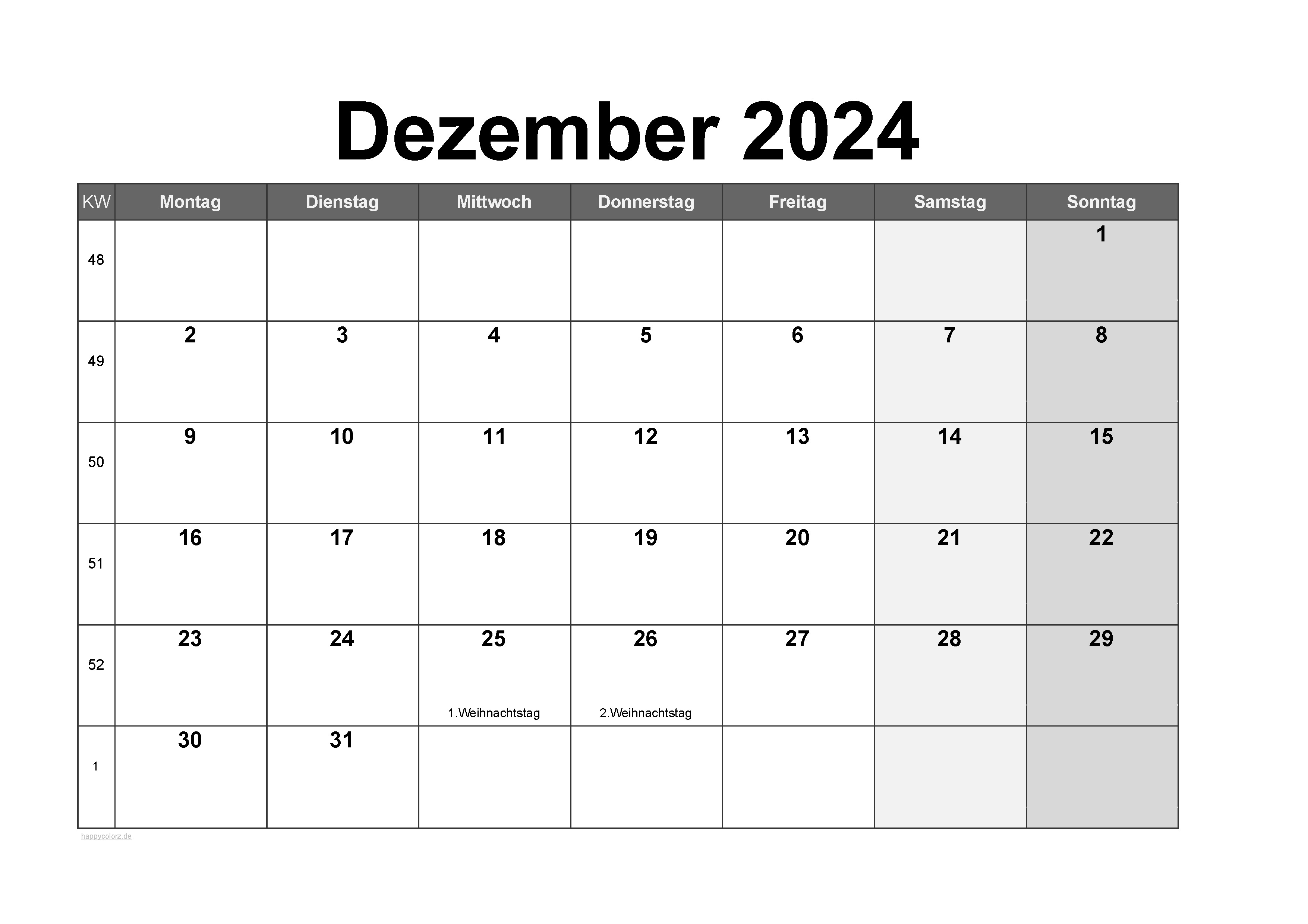 Vorlage Monatskalender Dezember 2024 zum kostenlosen Ausdruck