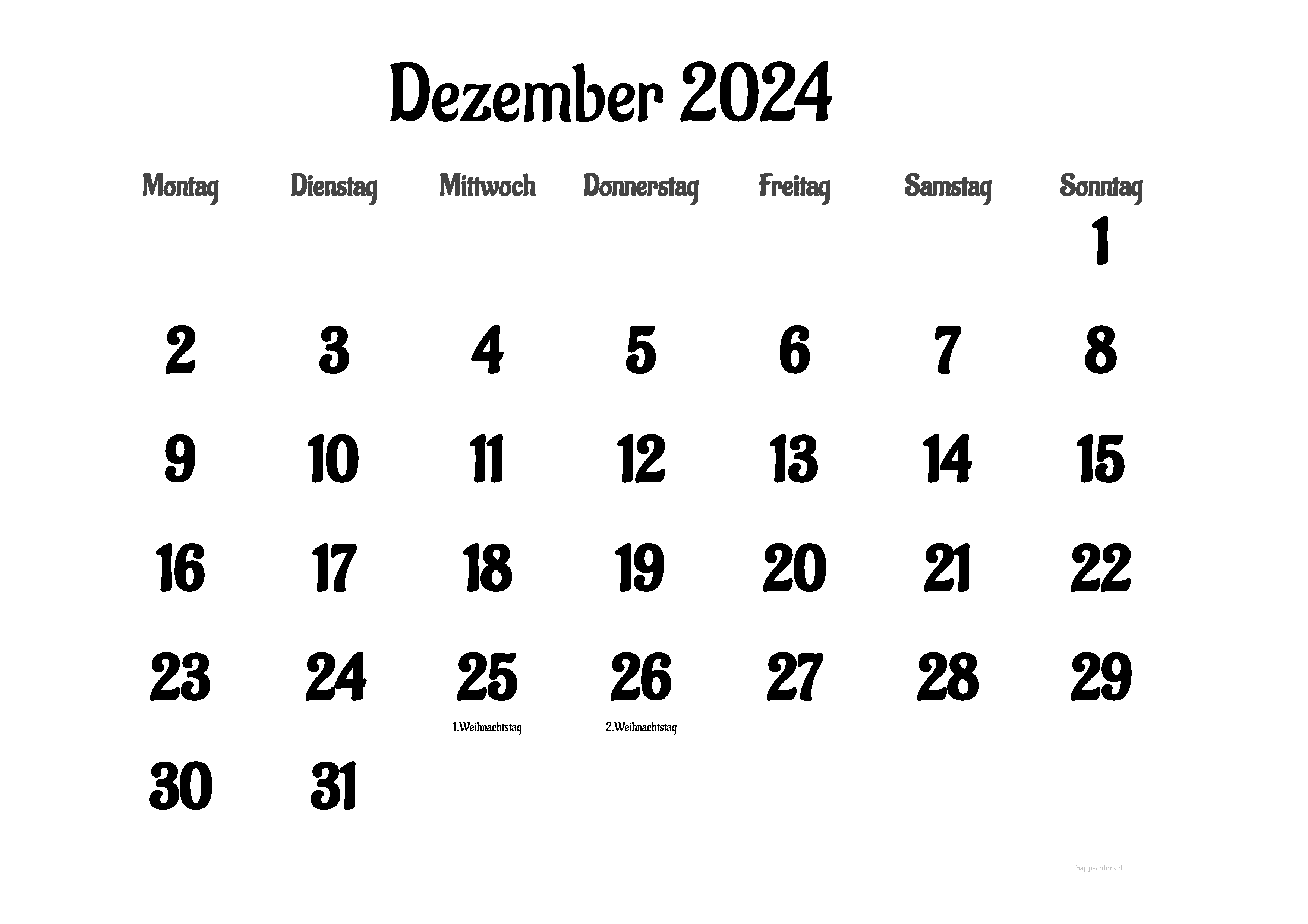 Kalender Dezember 2024 mit Feiertagen