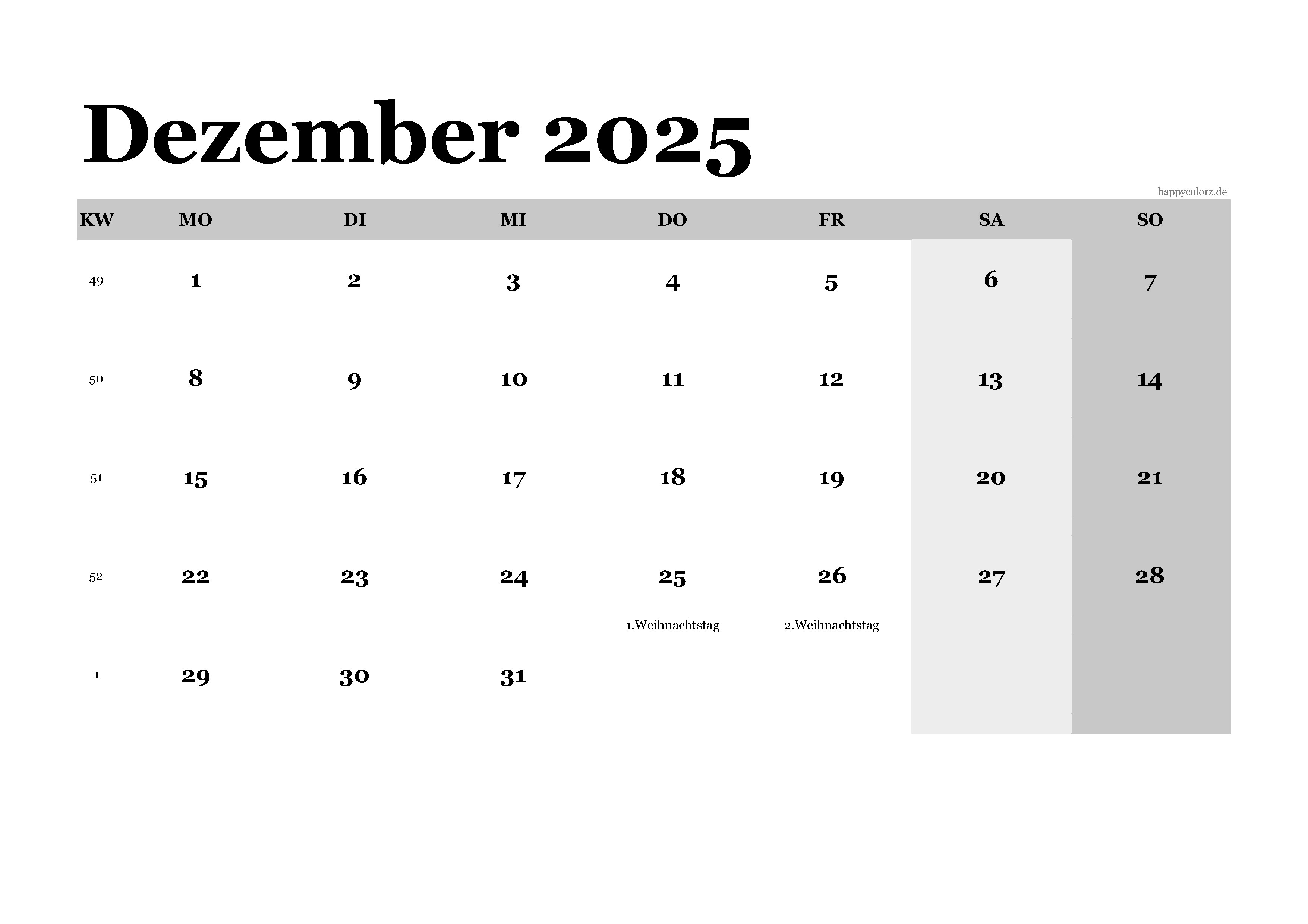 Kalender Dezember 2025 klassisch, Querformat PDF zum Ausdrucken