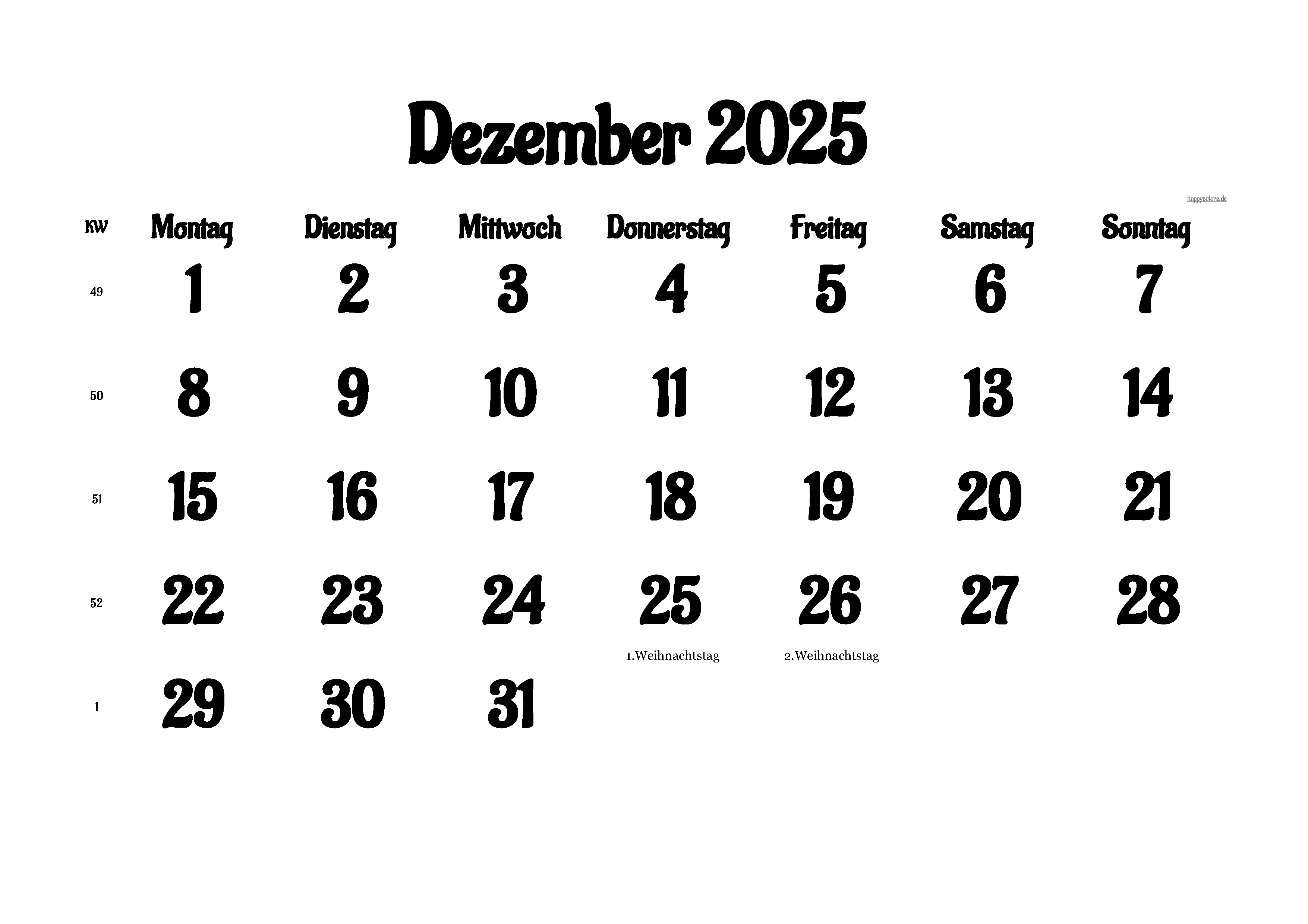 Kalender Dezember 2025 mit Feiertagen