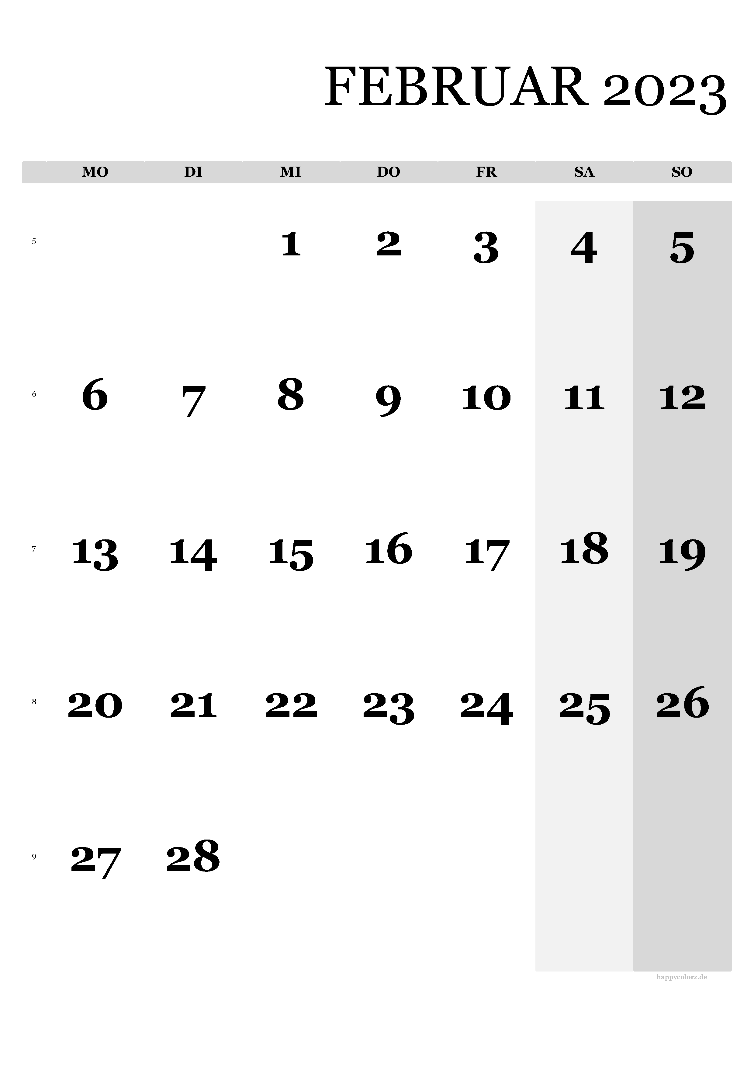 Kalender Februar 2023 - Hochformat, kostenlos zum Ausdrucken