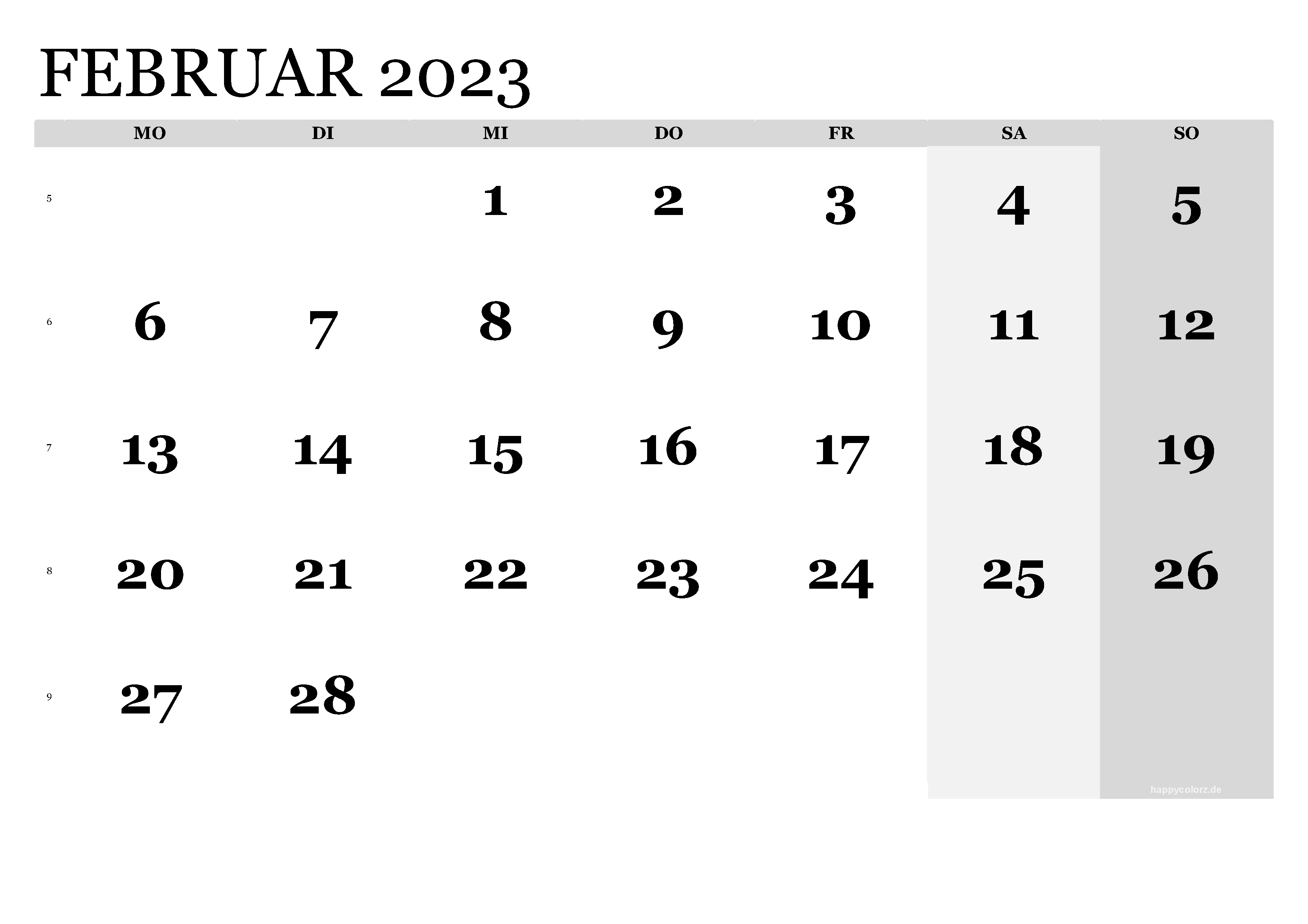 Kalender Februar 2023 klassisch, Querformat PDF zum Ausdrucken
