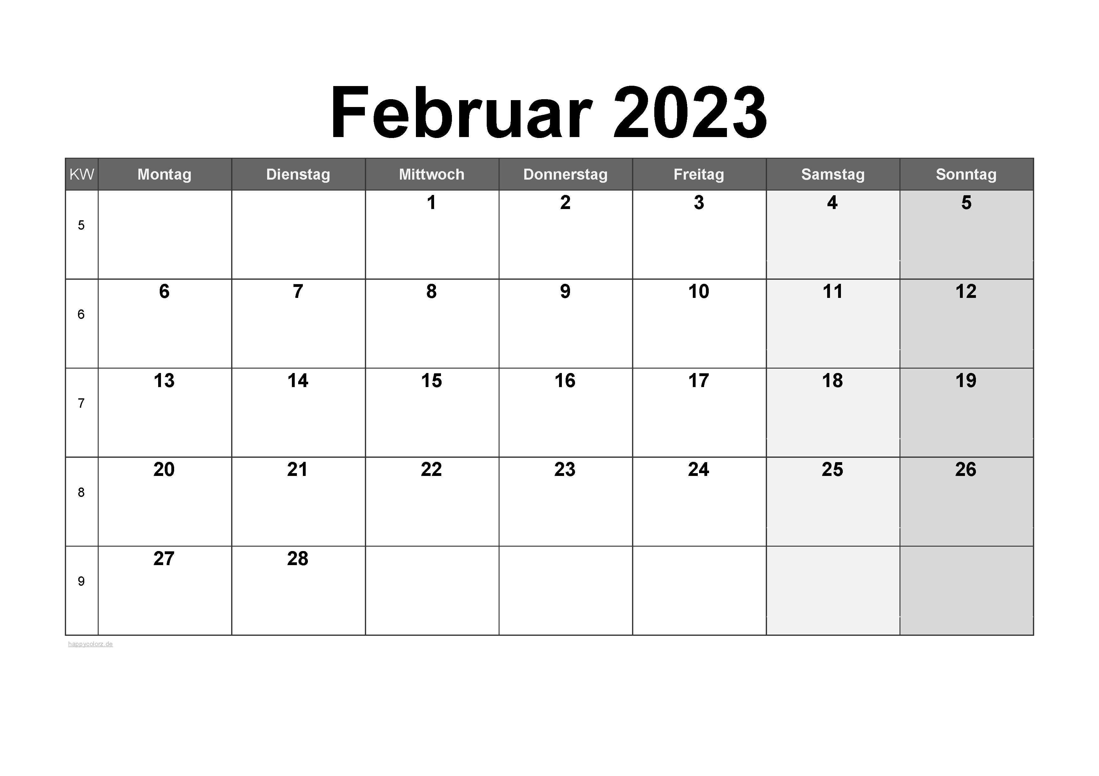 Vorlage Monatskalender Februar 2023 zum kostenlosen Ausdrucken
