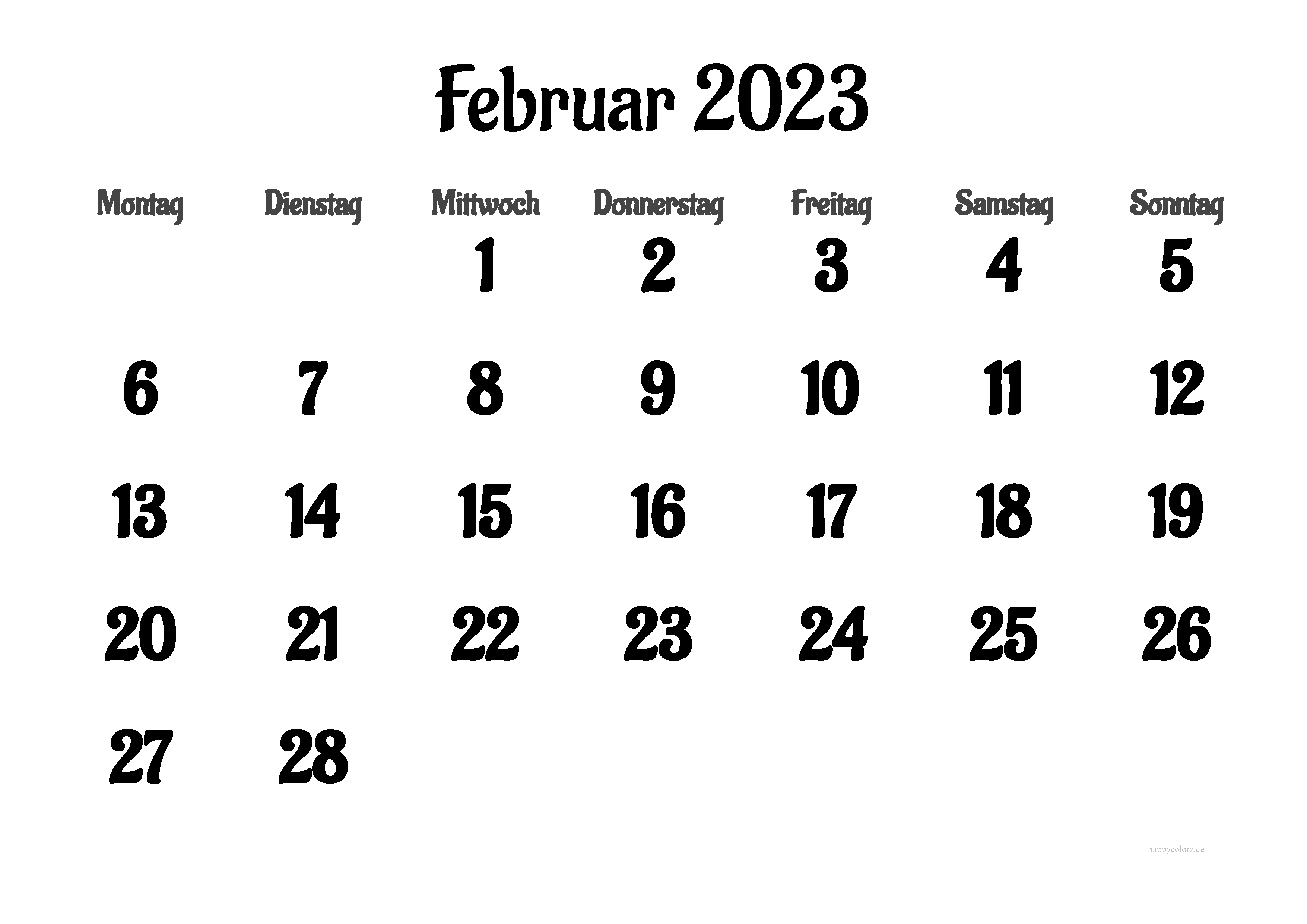 Kalender Februar 2023 mit Feiertagen