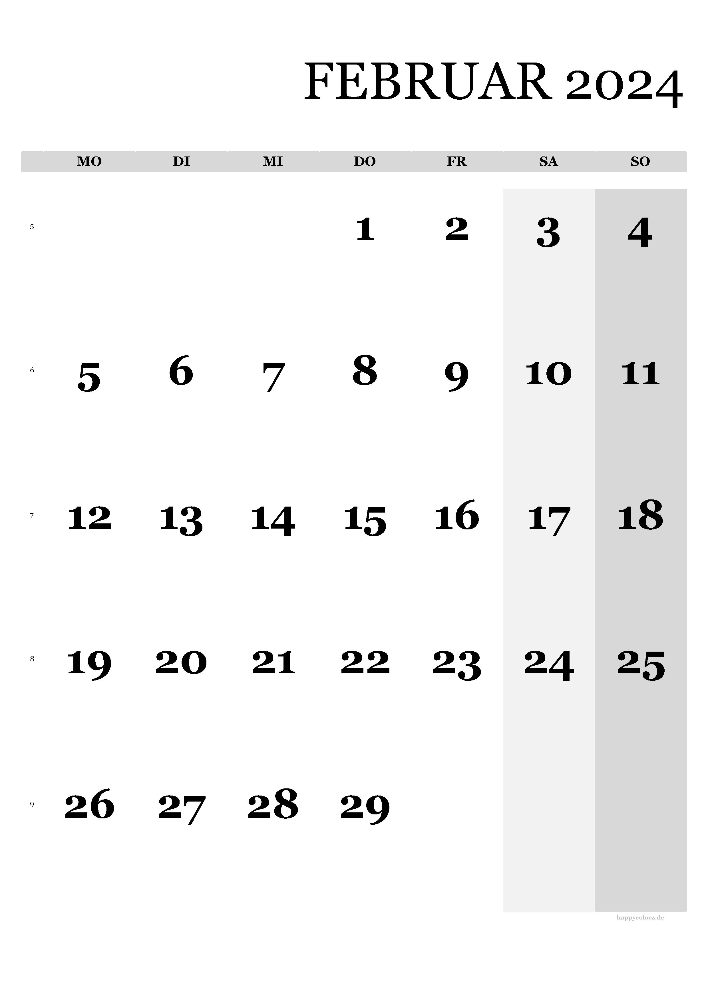Kalender Februar 2024 - Hochformat, kostenlos zum Ausdrucken