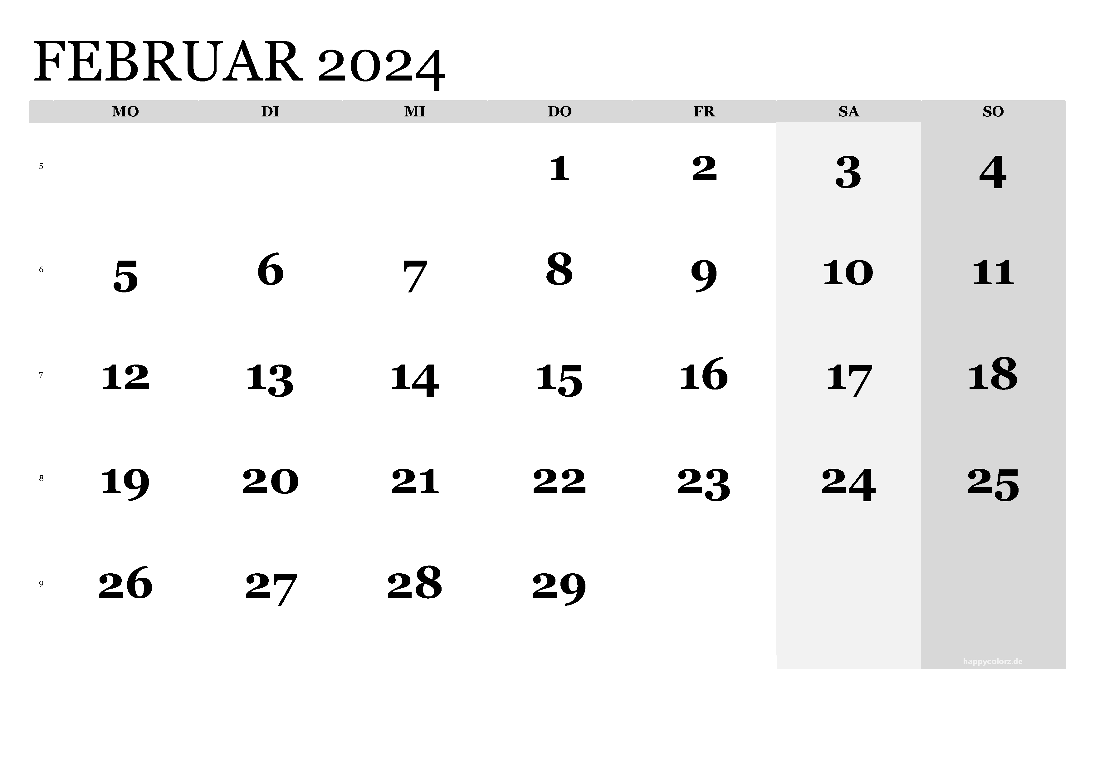 Kalender Februar 2024 klassisch, Querformat PDF zum Ausdrucken