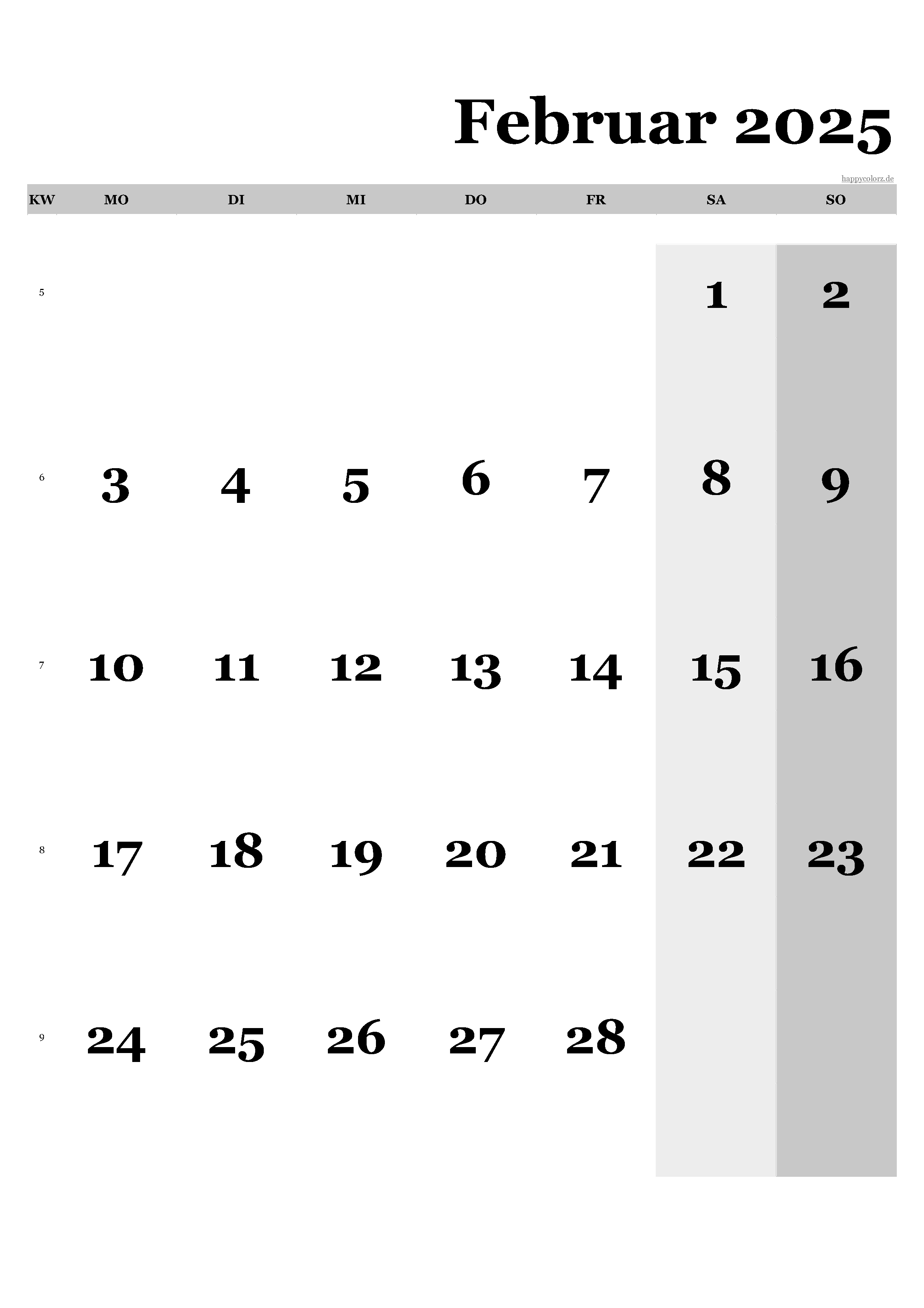 Kalender Februar 2025 - Hochformat, kostenlos zum Ausdrucken