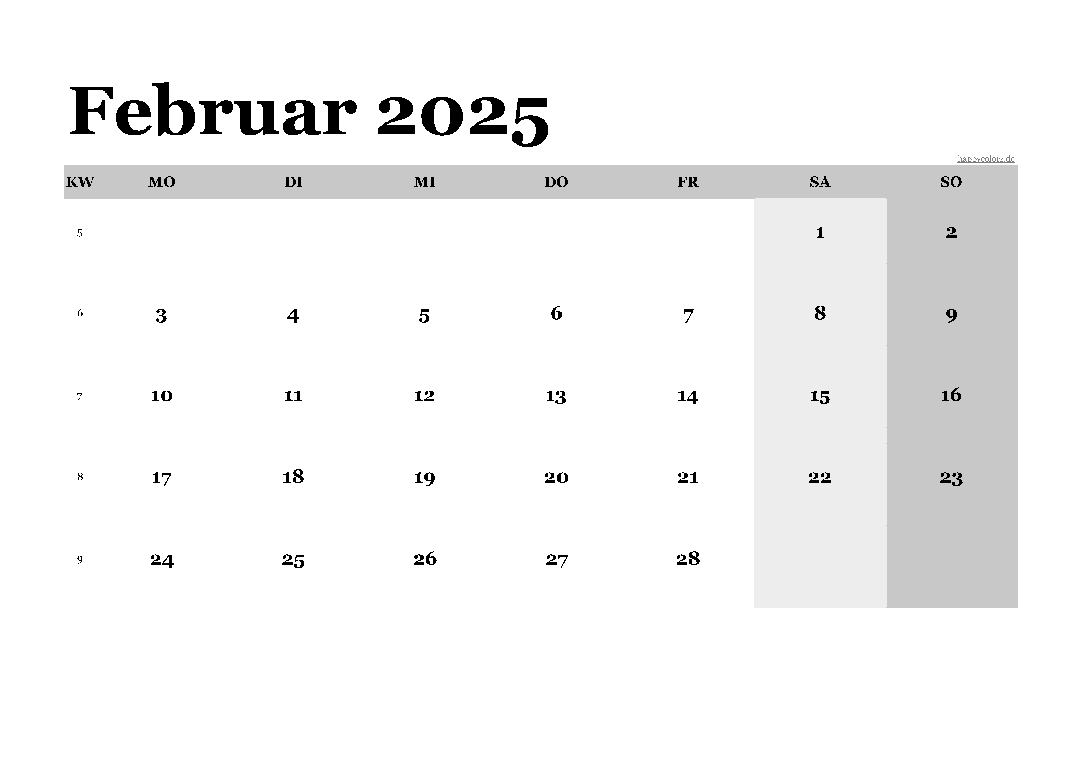 Kalender Februar 2025 klassisch, Querformat PDF zum Ausdrucken