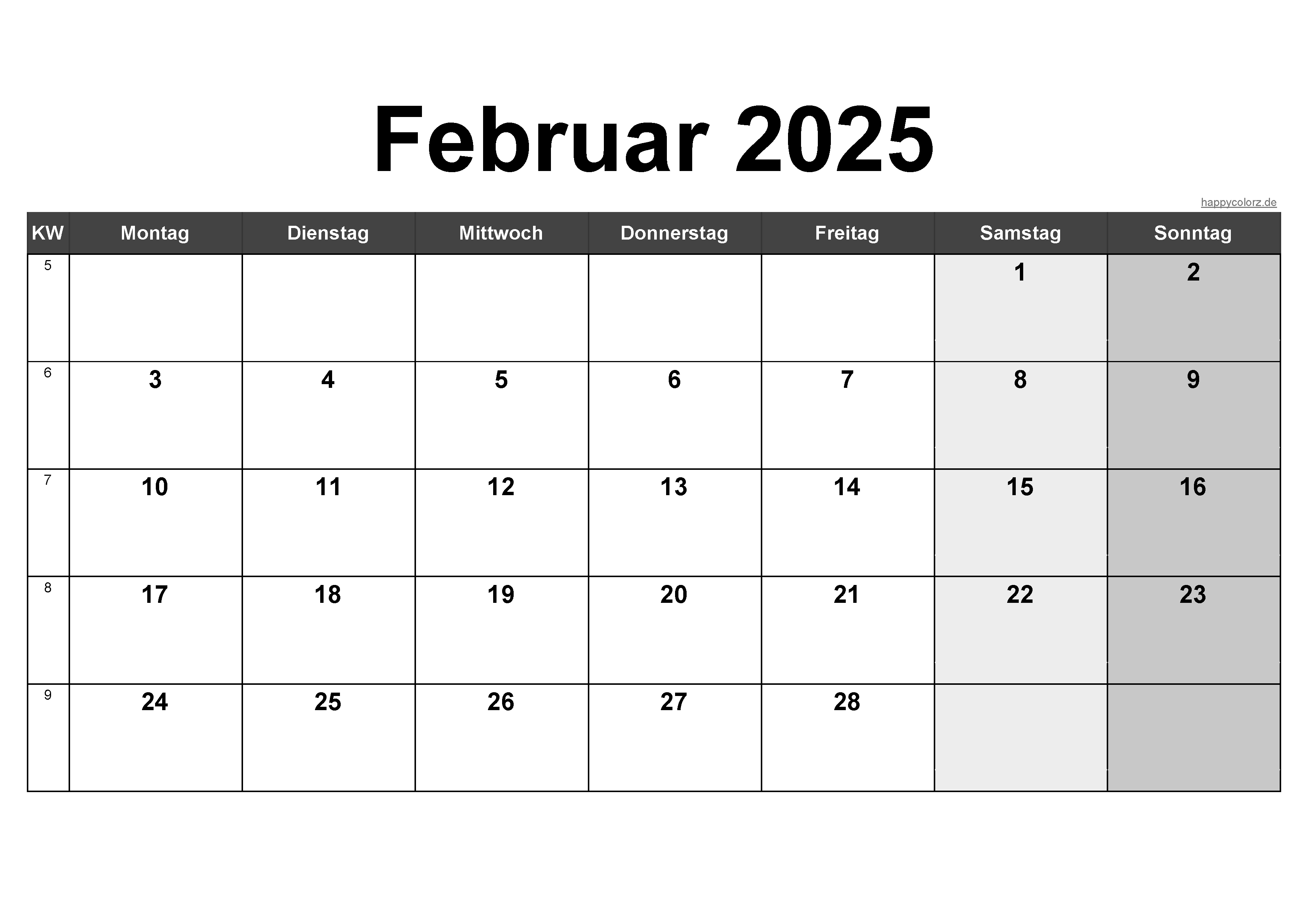 Vorlage Monatskalender Februar 2025 zum kostenlosen Ausdruck