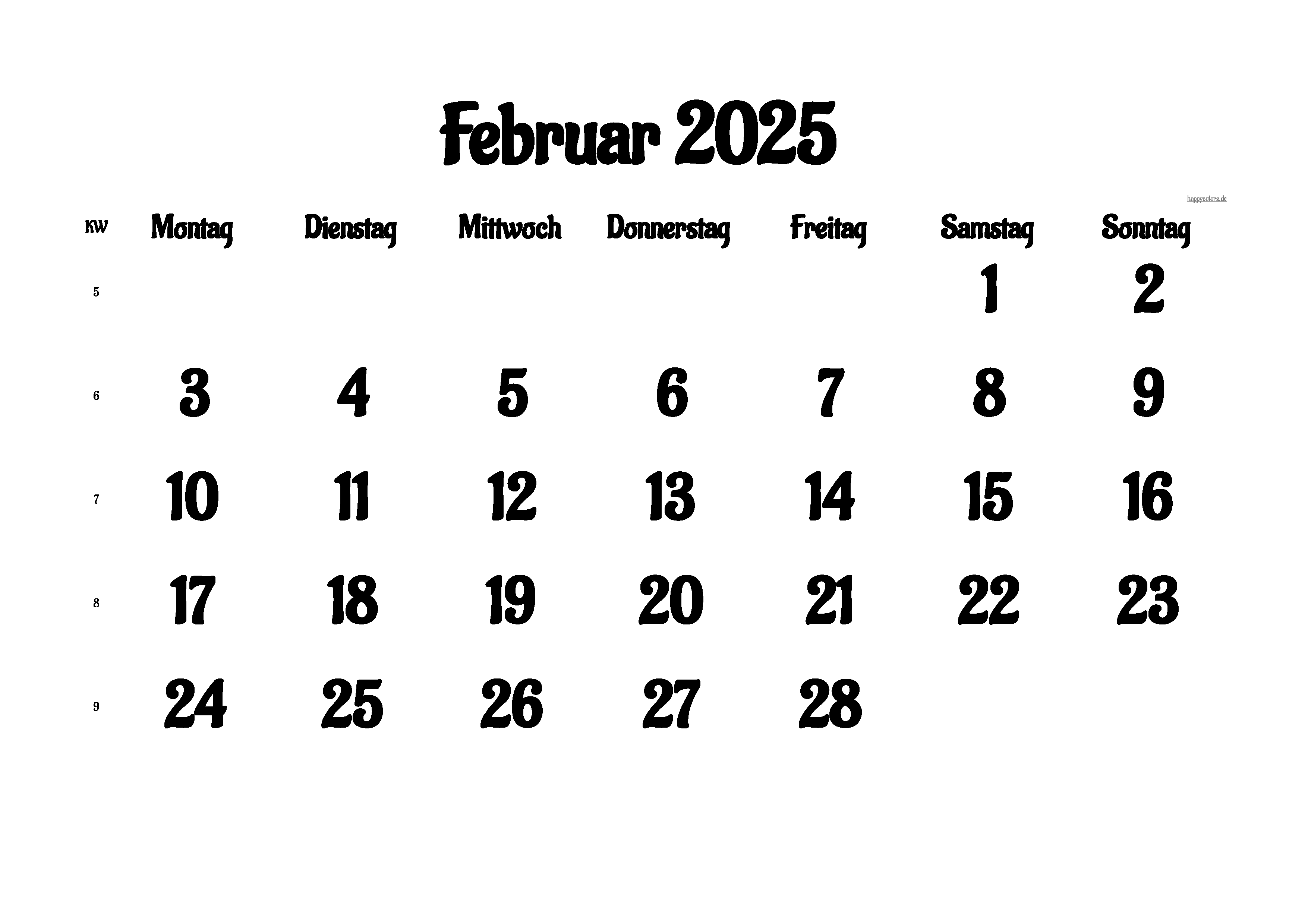 Kalender Februar 2025 mit Feiertagen