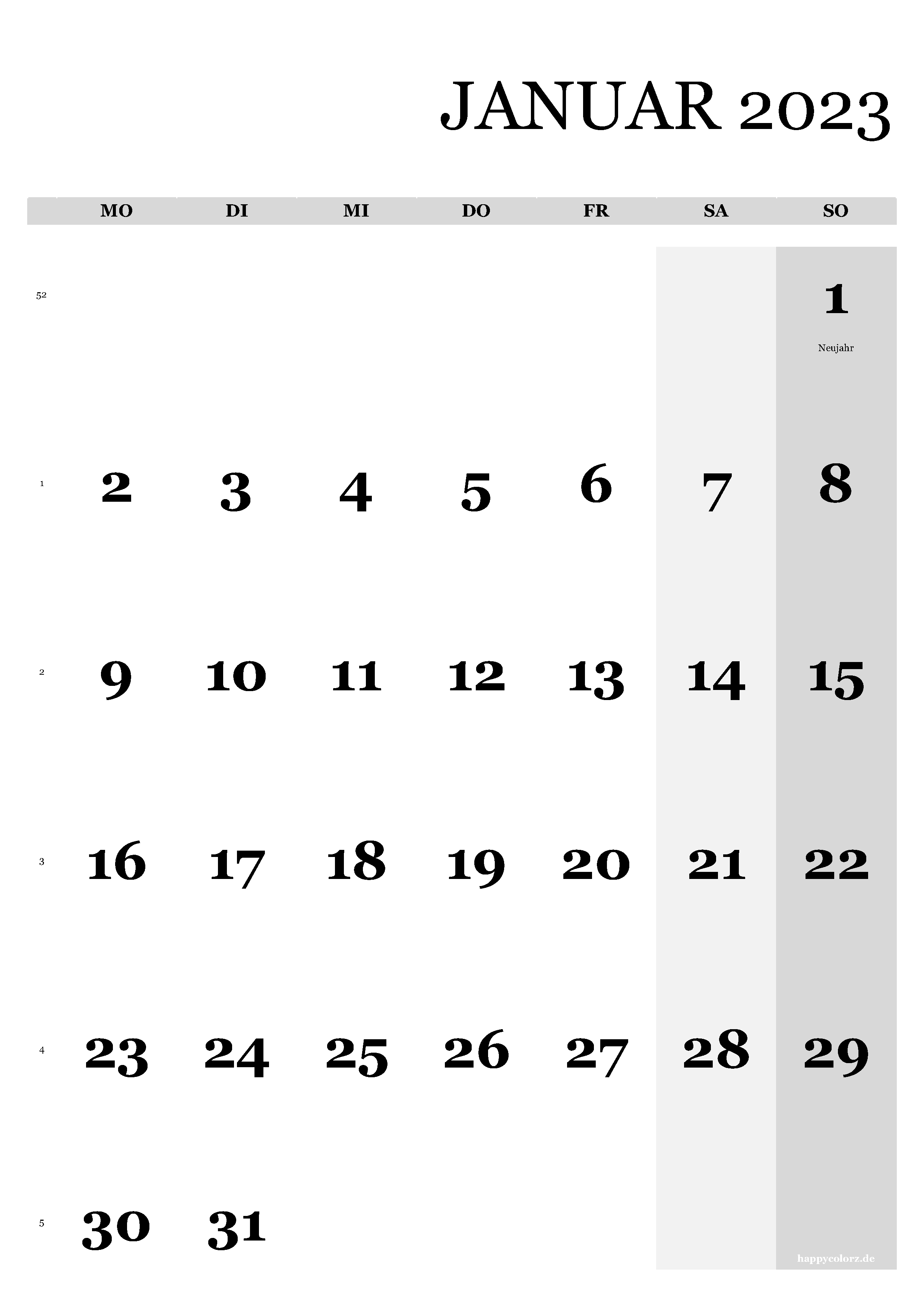Kalender Januar 2023 - Hochformat, kostenlos zum Ausdrucken