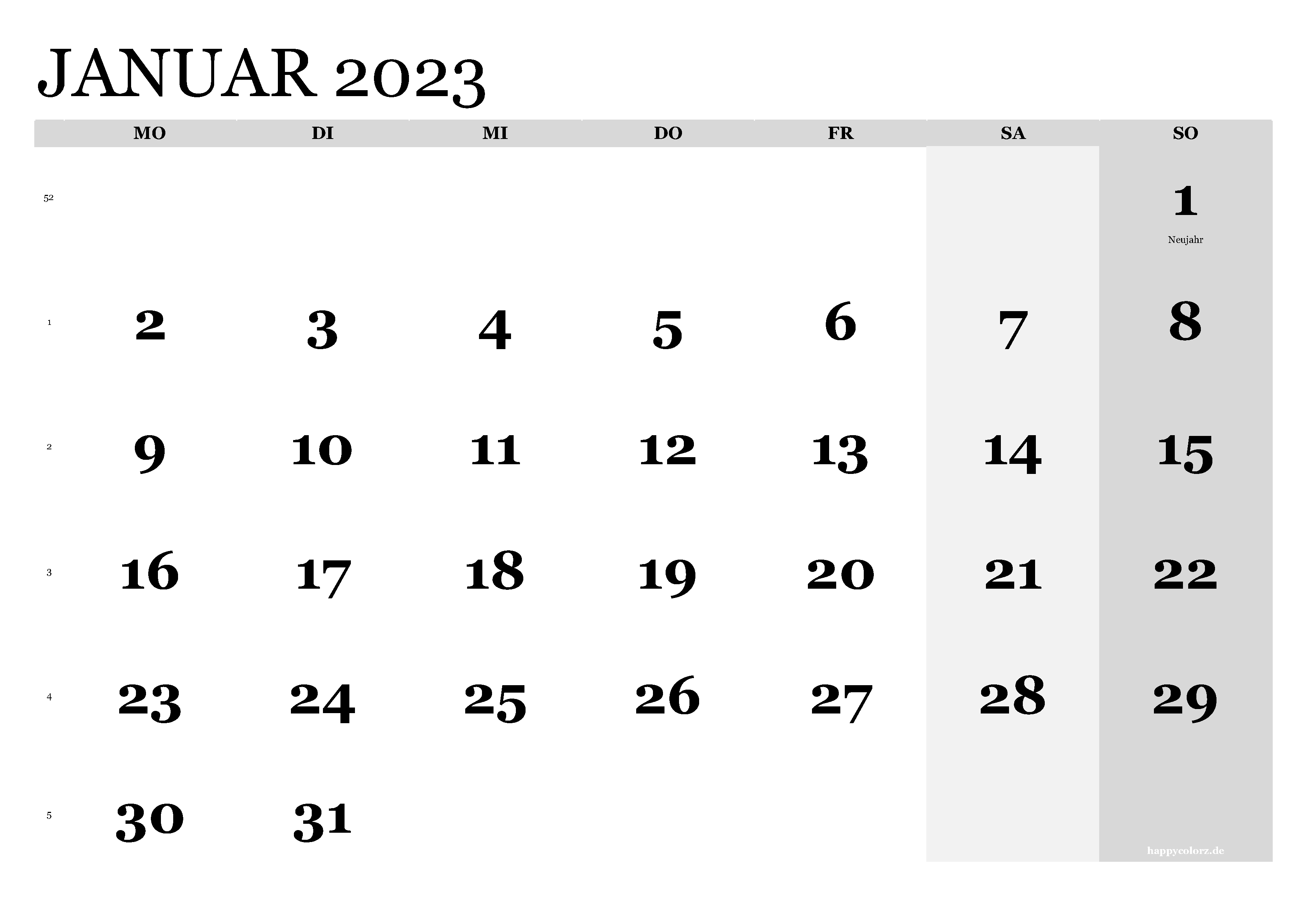 Kalender Januar 2023 klassisch, Querformat PDF zum Ausdrucken