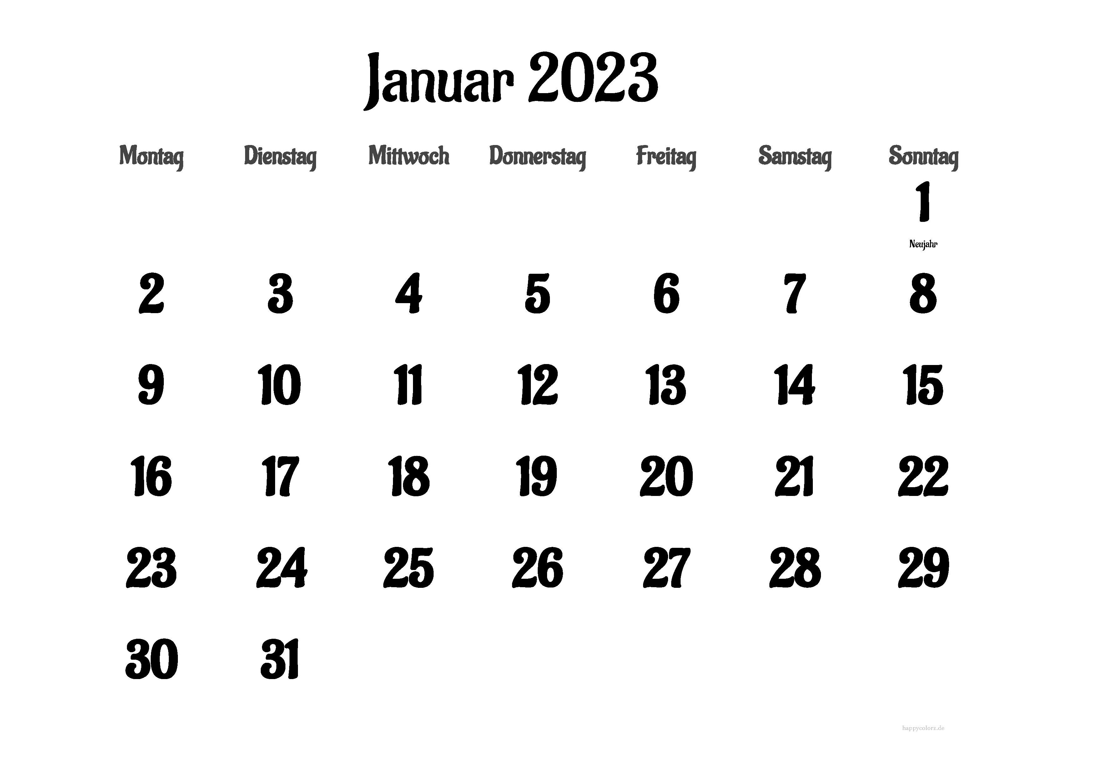 Kalender Januar 2023 mit Feiertagen