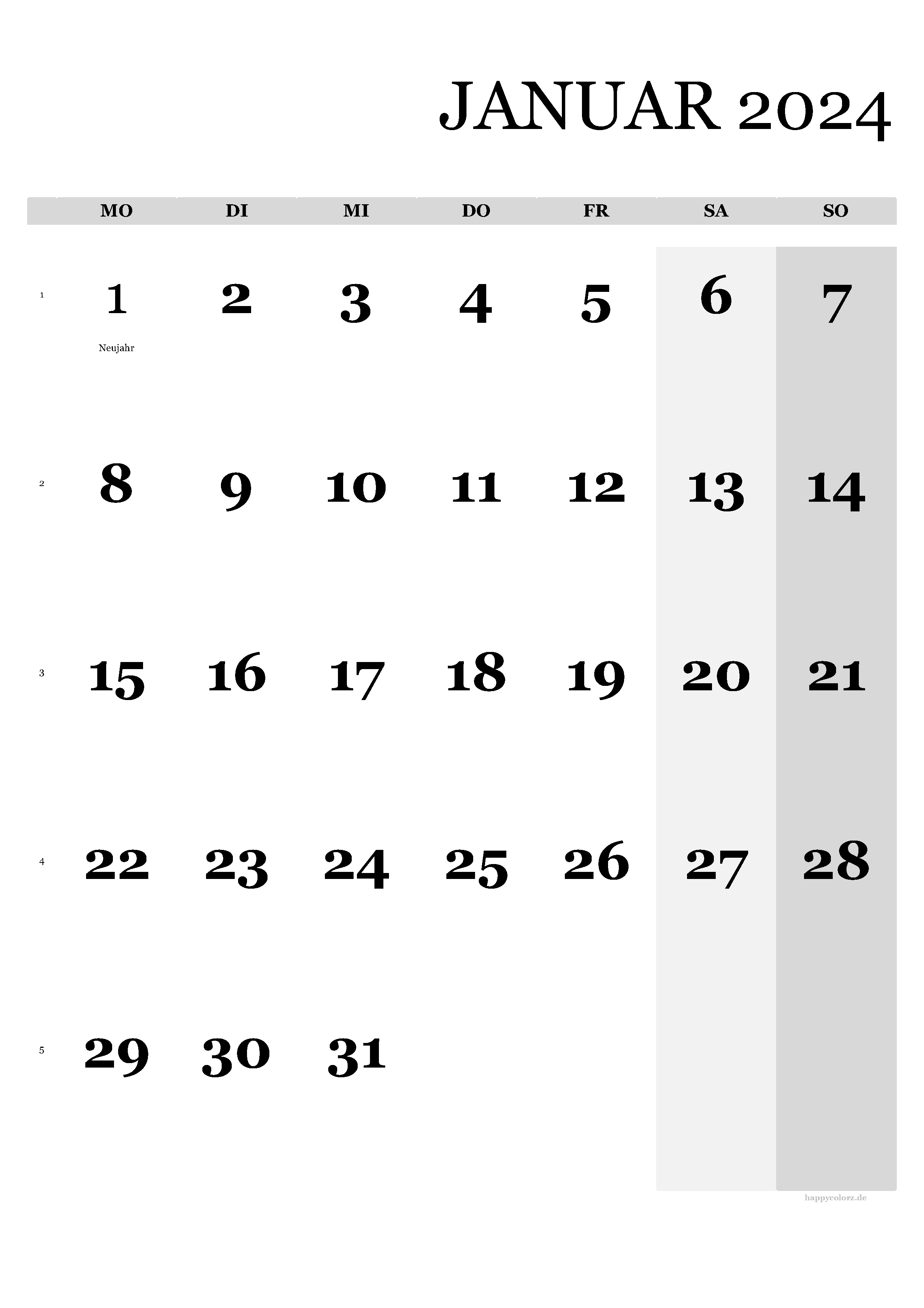 Kalender Januar 2024 - Hochformat, kostenlos zum Ausdrucken