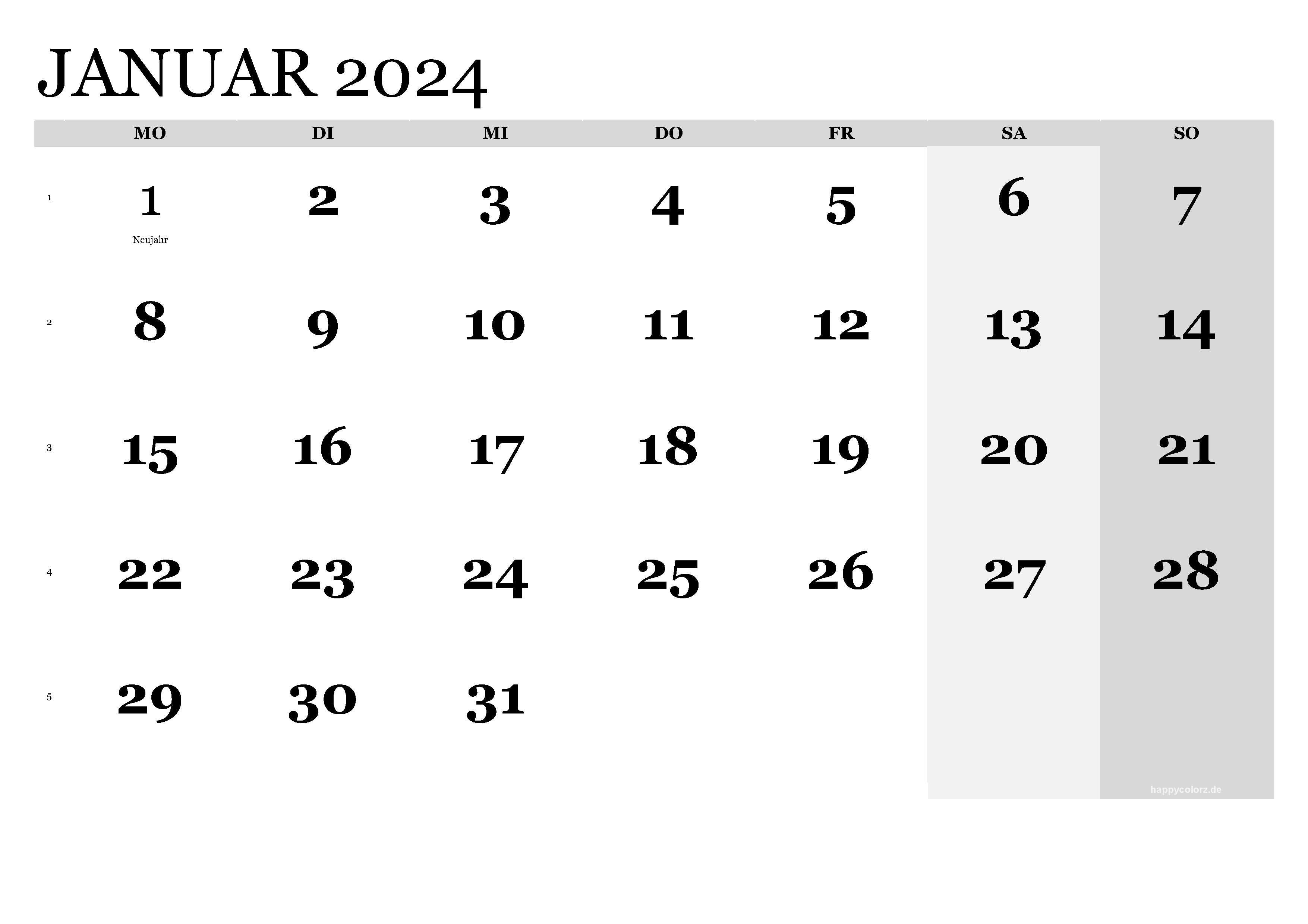 Kalender Januar 2024 klassisch, Querformat PDF zum Ausdrucken