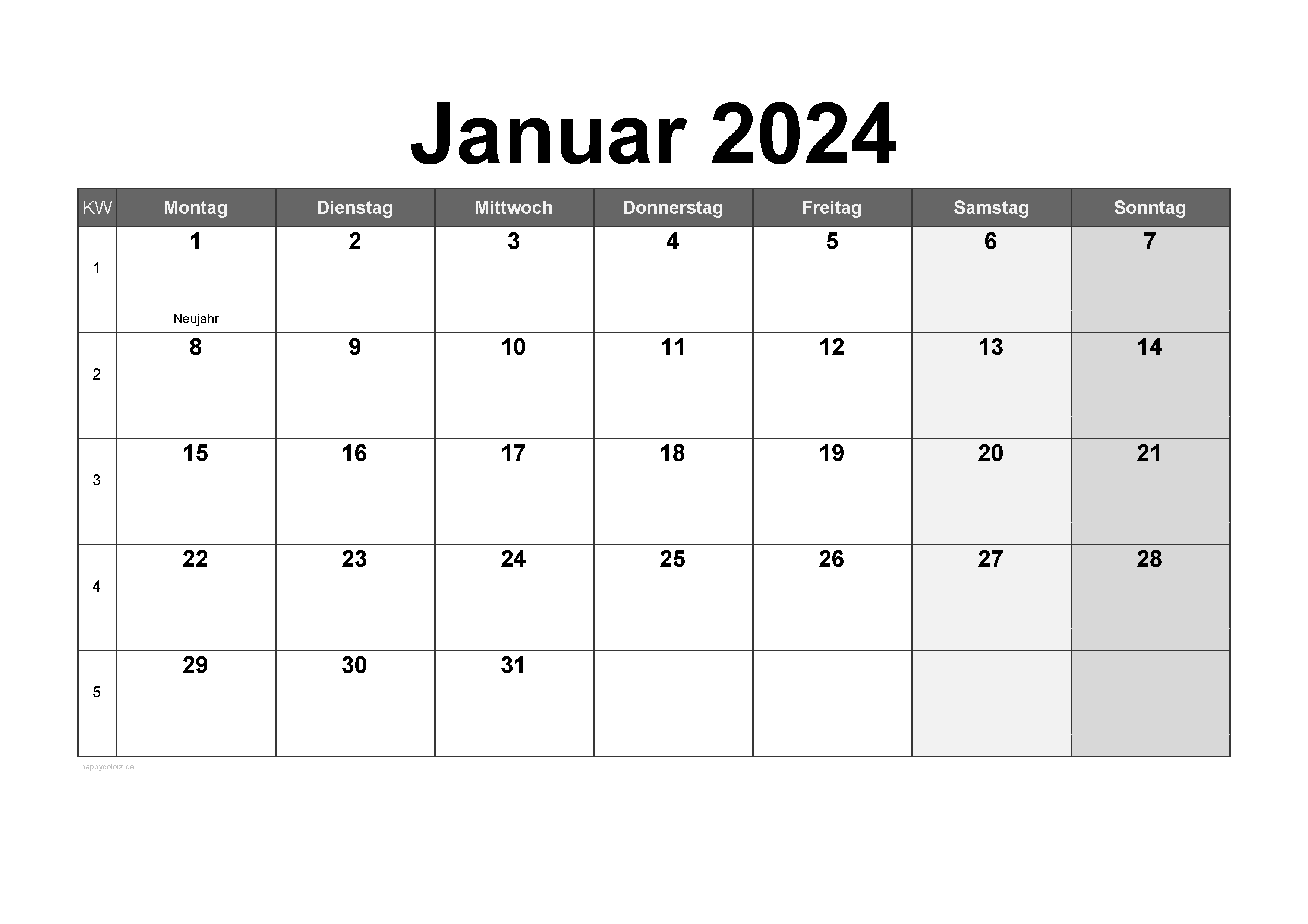Vorlage Monatskalender Januar 2024 zum kostenlosen Ausdruck