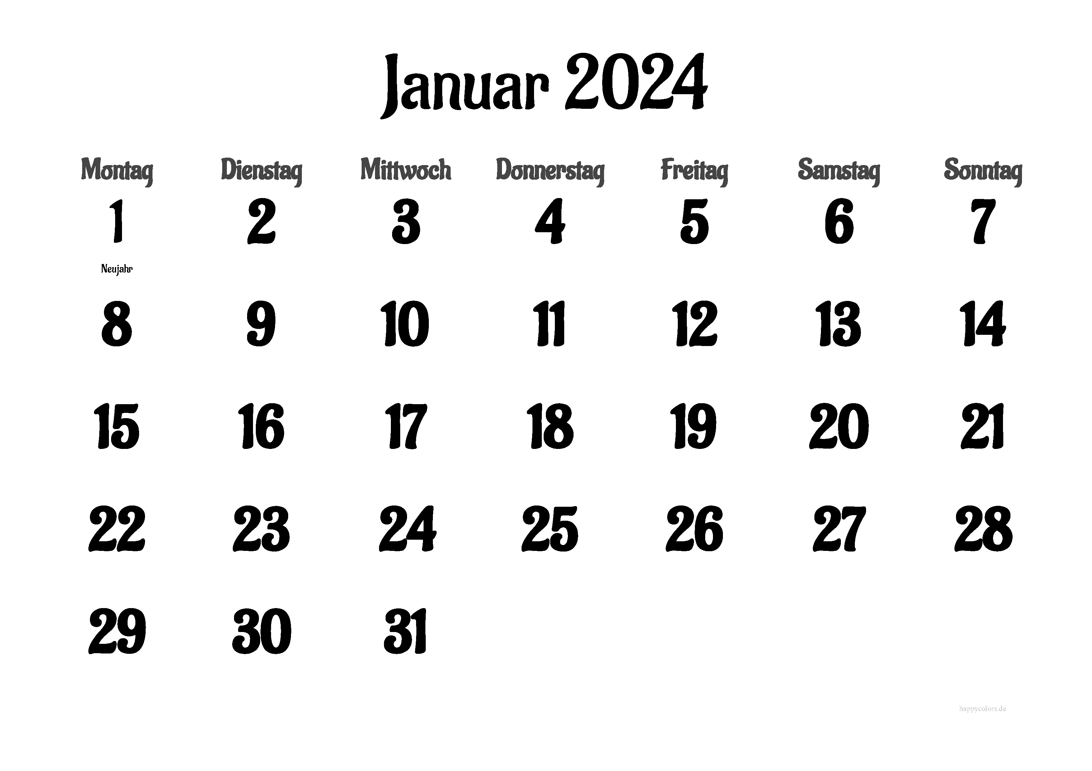 Kalender Januar 2024 mit Feiertagen