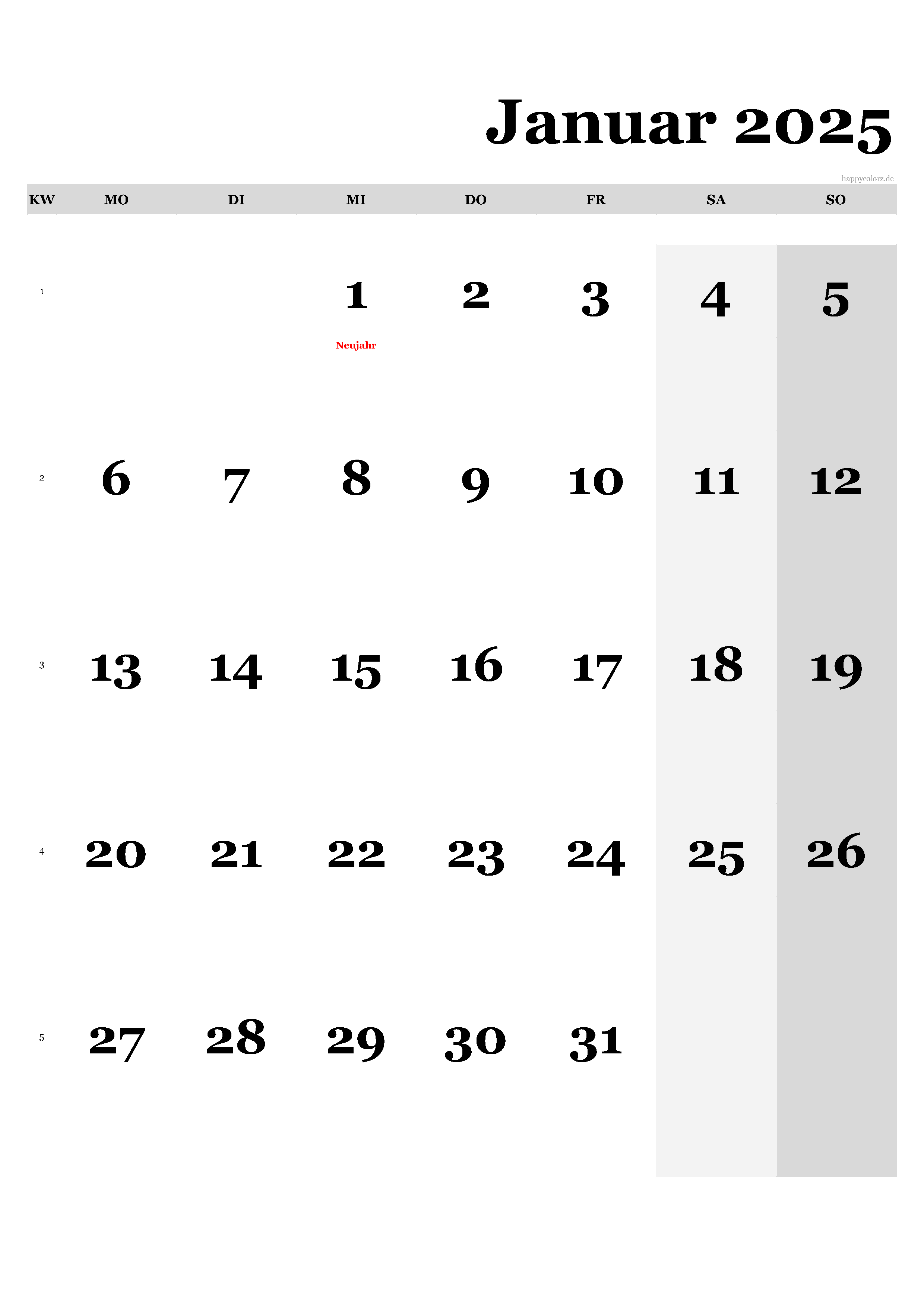 Kalender Januar 2025 - Hochformat, kostenlos zum Ausdrucken