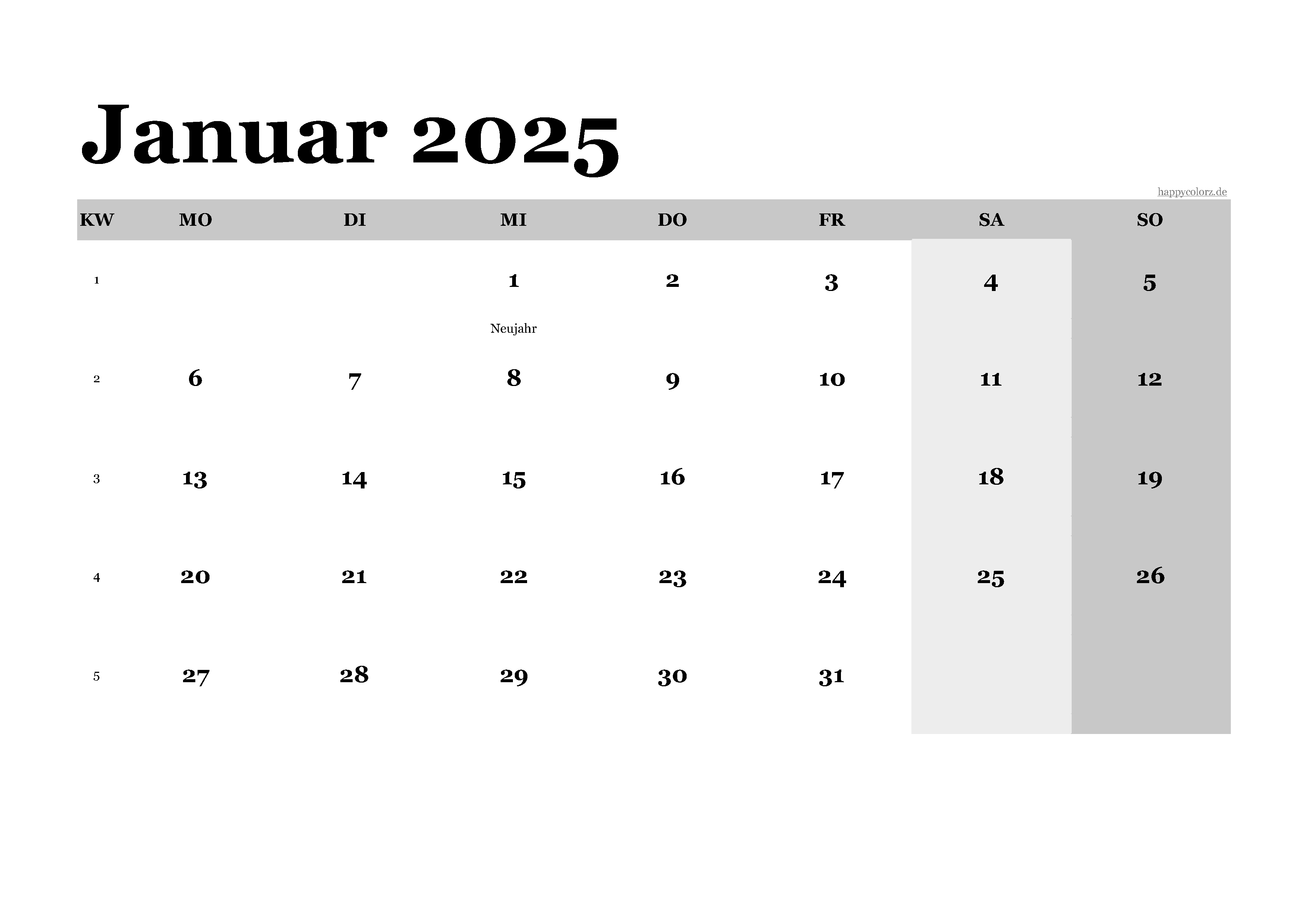 Kalender Januar 2025 klassisch, Querformat PDF zum Ausdrucken