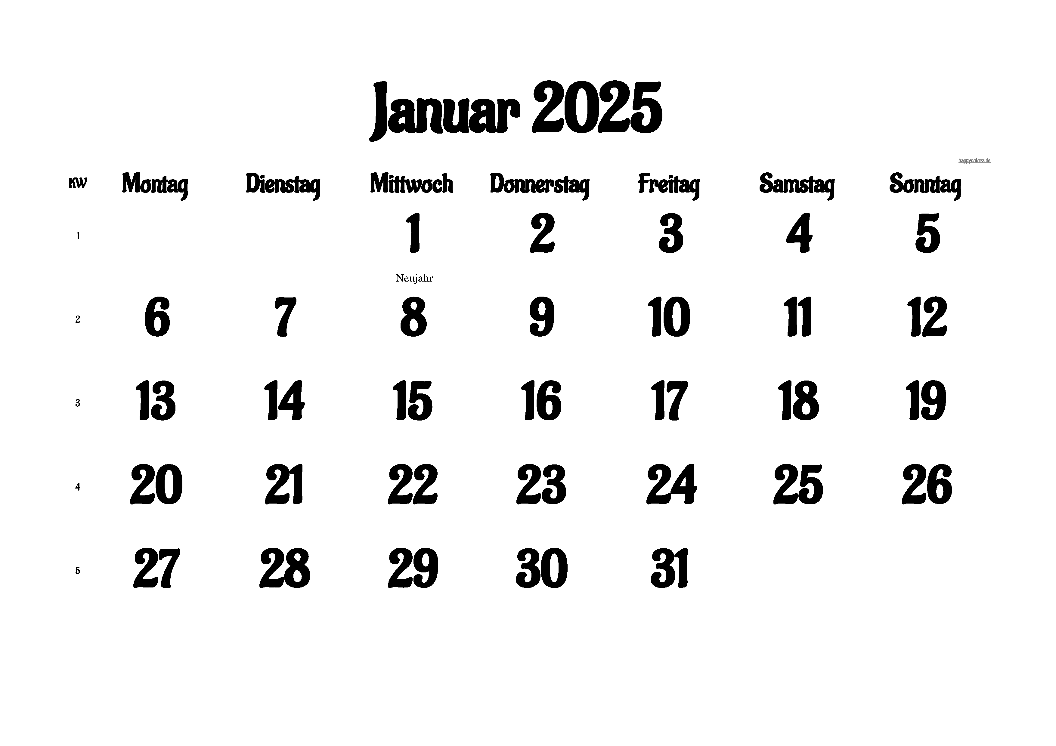 Kalender Januar 2025 mit Feiertagen