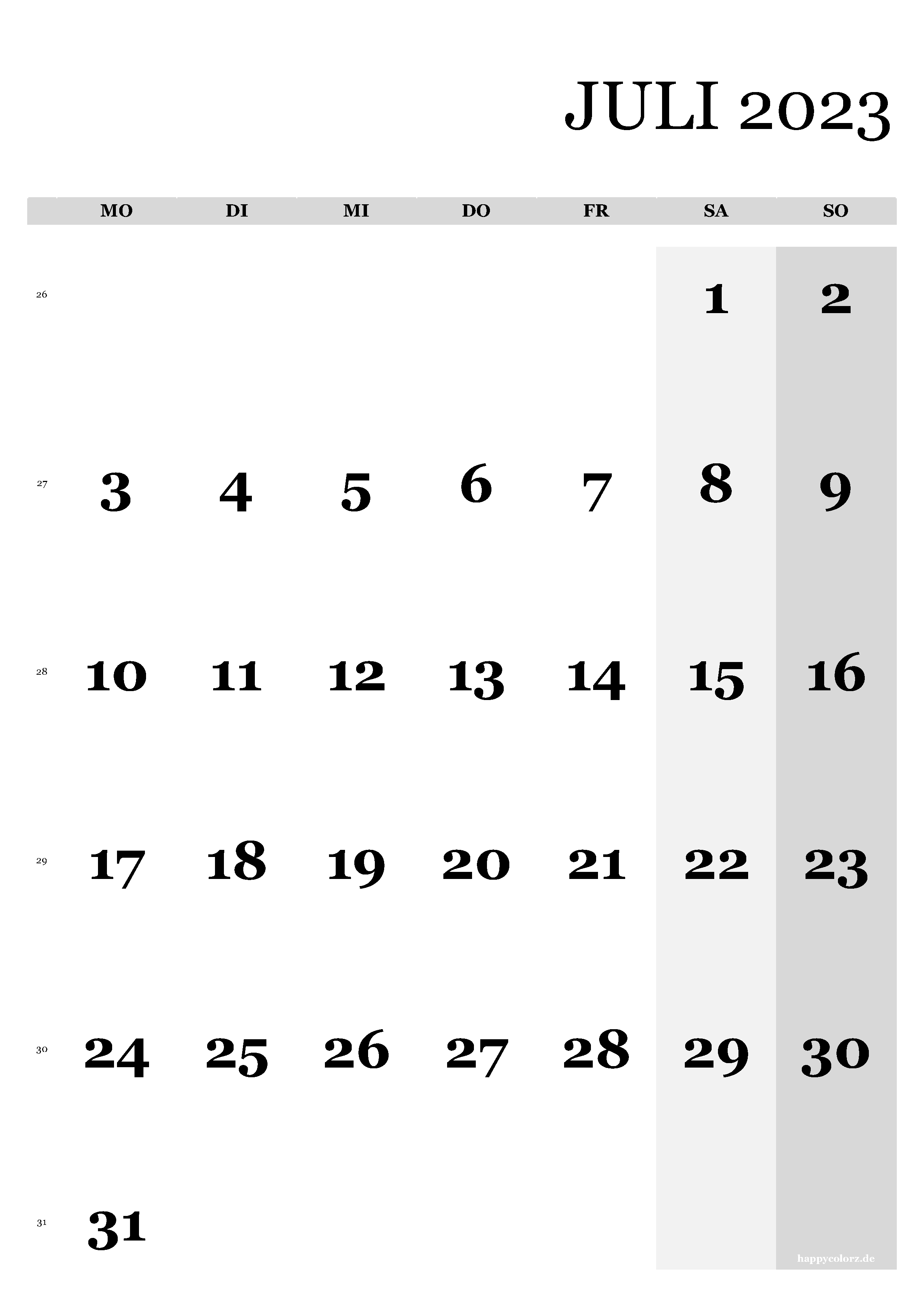 Kalender Juli 2023 - Hochformat, kostenlos zum Ausdrucken