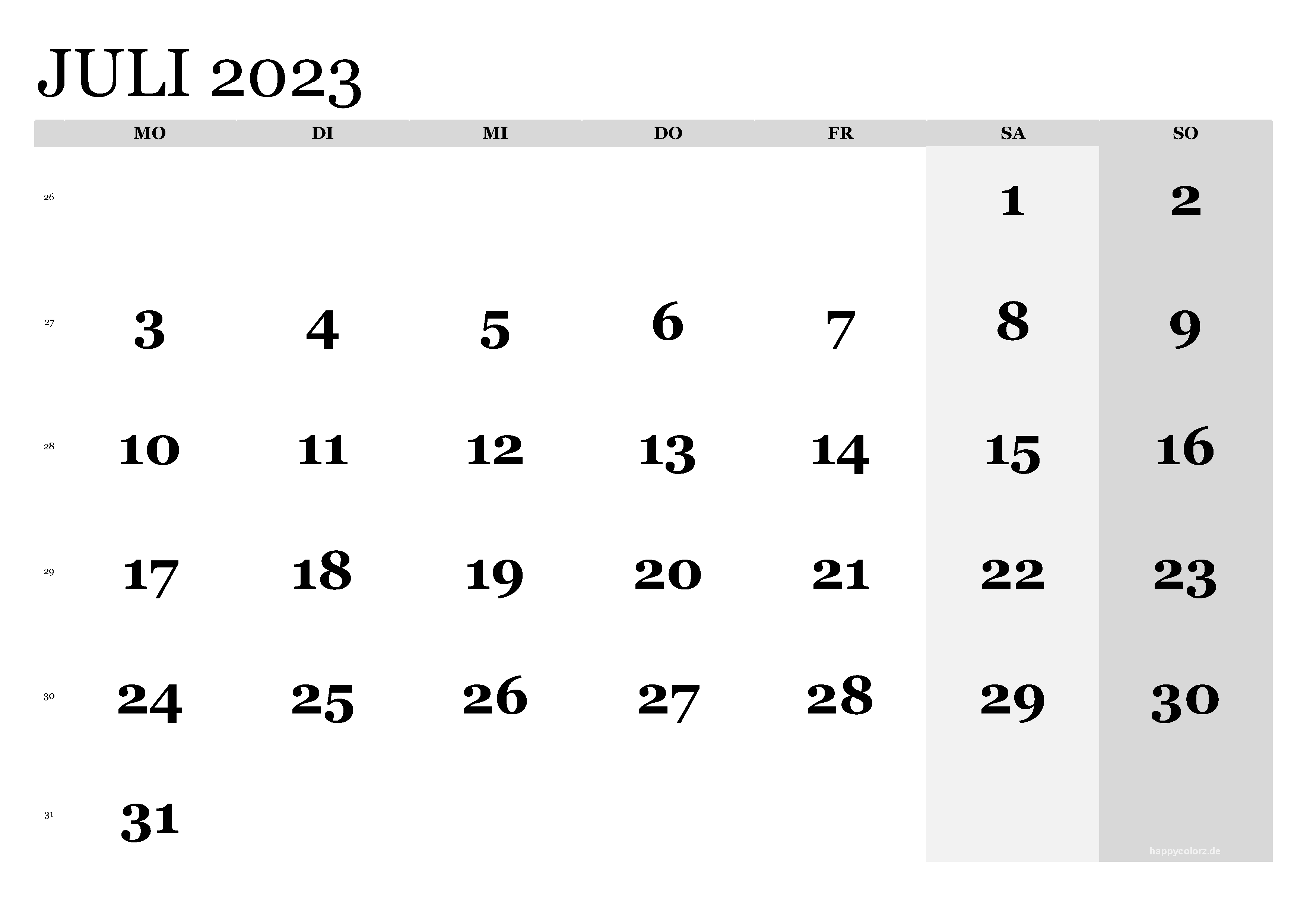 Kalender Juli 2023 klassisch, Querformat PDF zum Ausdrucken