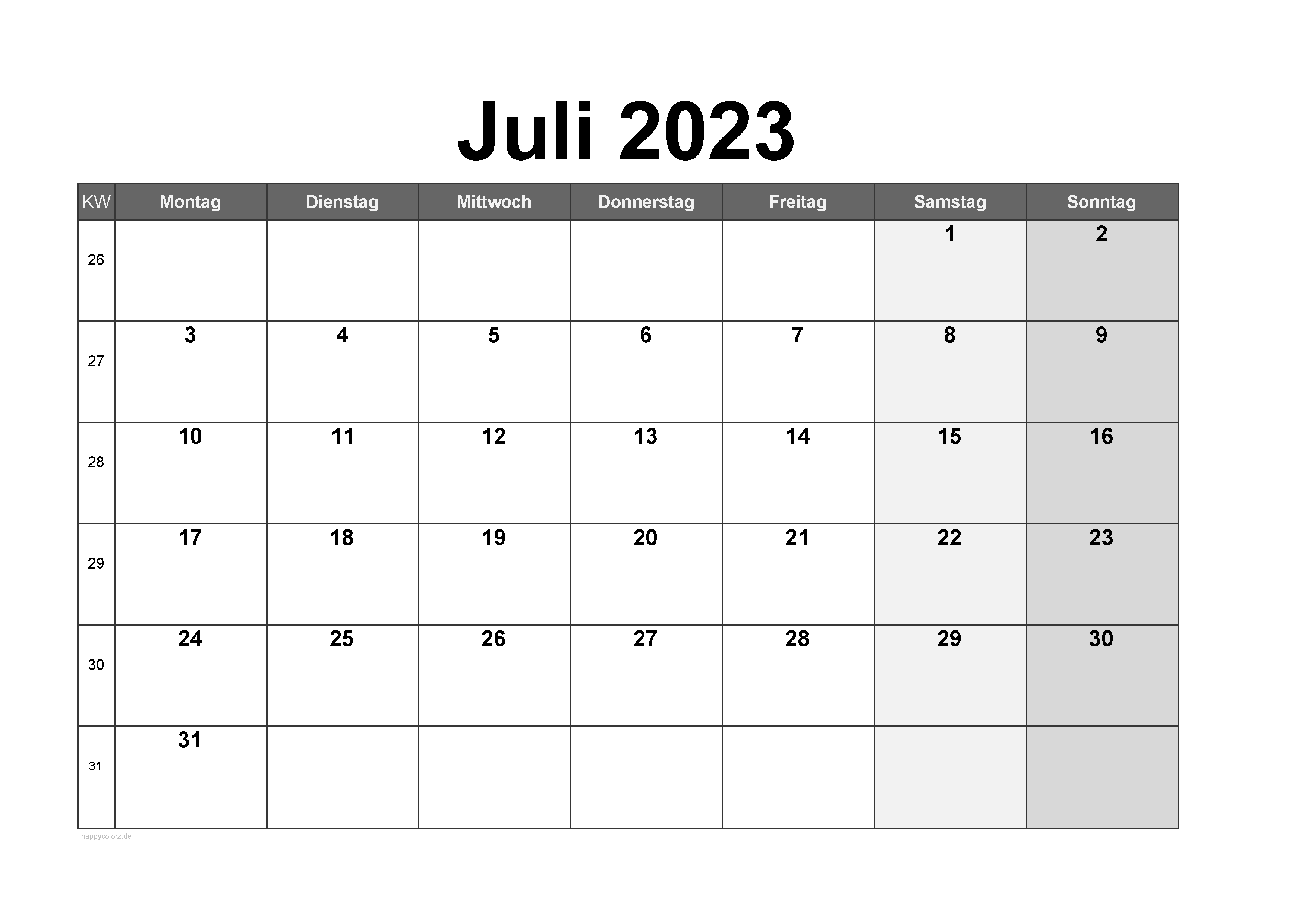 Vorlage Monatskalender Juli 2023 zum kostenlosen Ausdrucken
