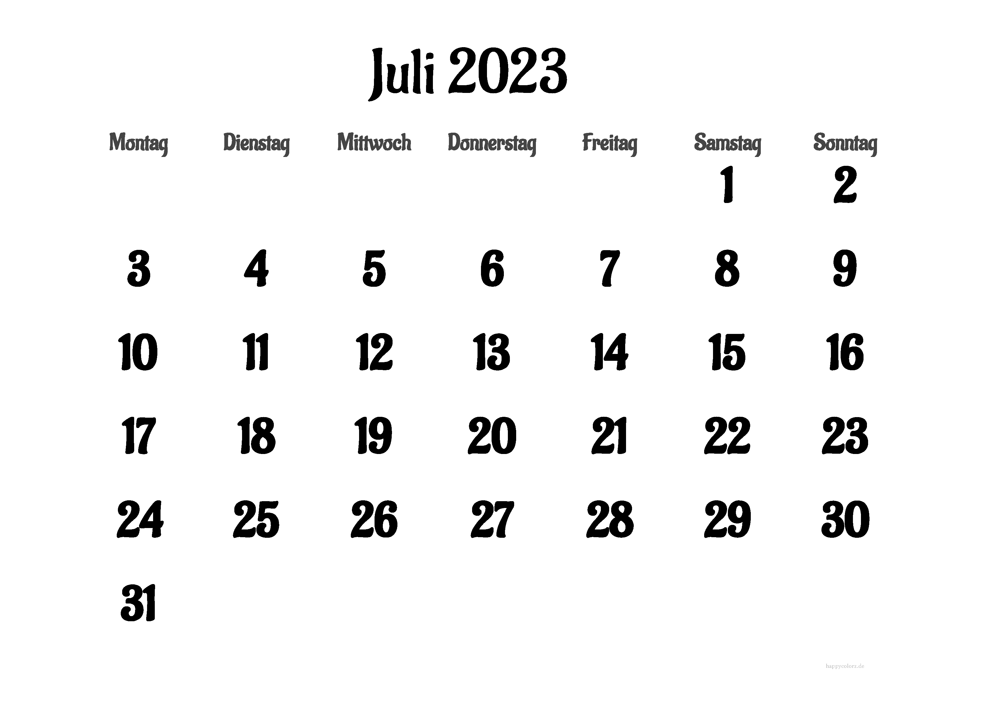 Kalender Juli 2023 mit Feiertagen