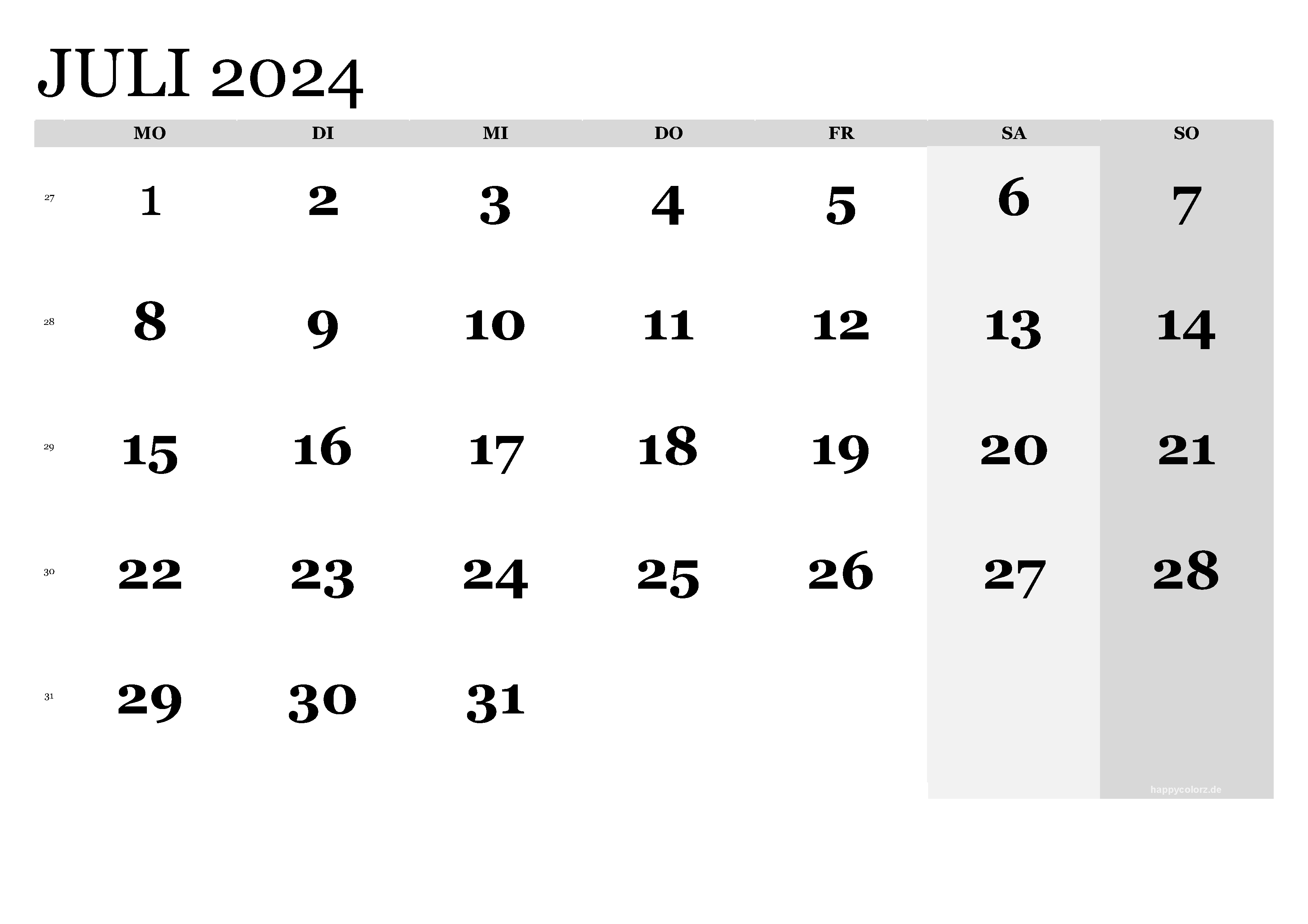 Kalender Juli 2024 klassisch, Querformat PDF zum Ausdrucken