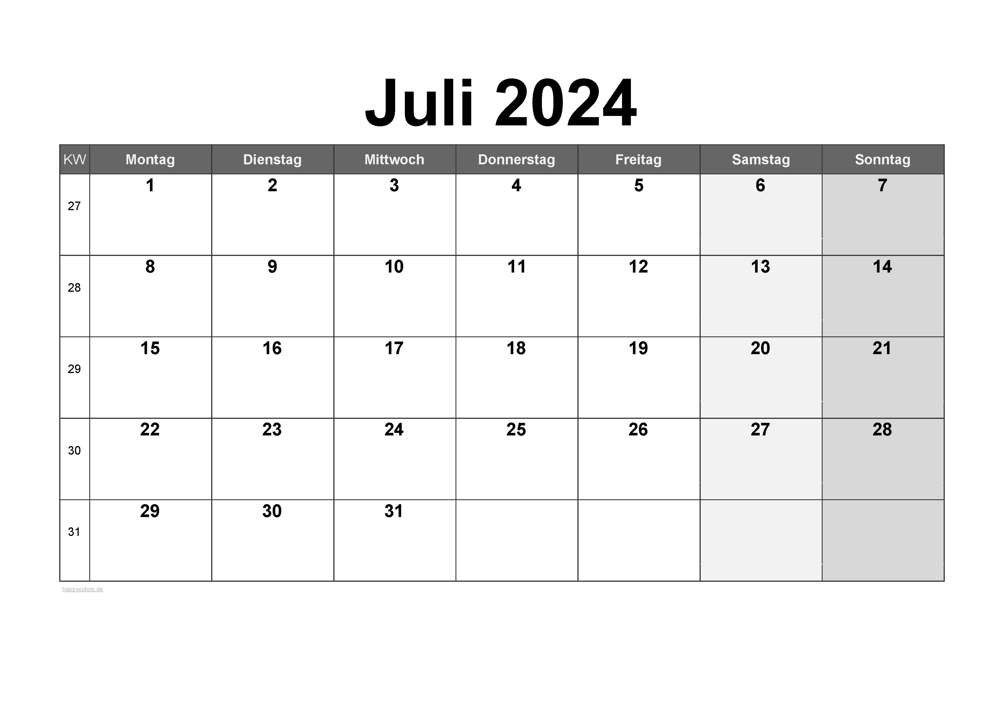 Vorlage Monatskalender Juli 2024 zum kostenlosen Ausdruck
