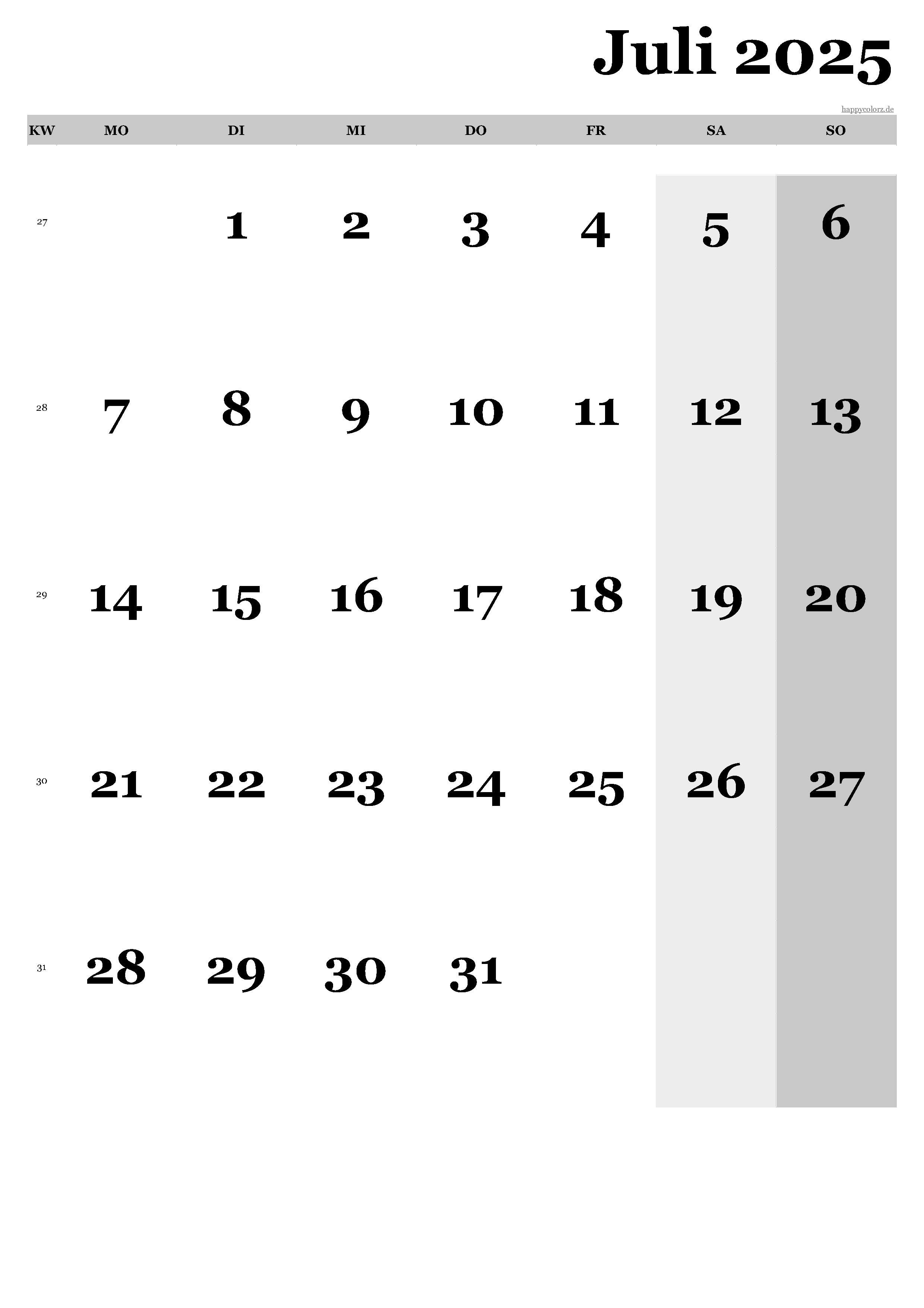 Kalender Juli 2025 - Hochformat, kostenlos zum Ausdrucken