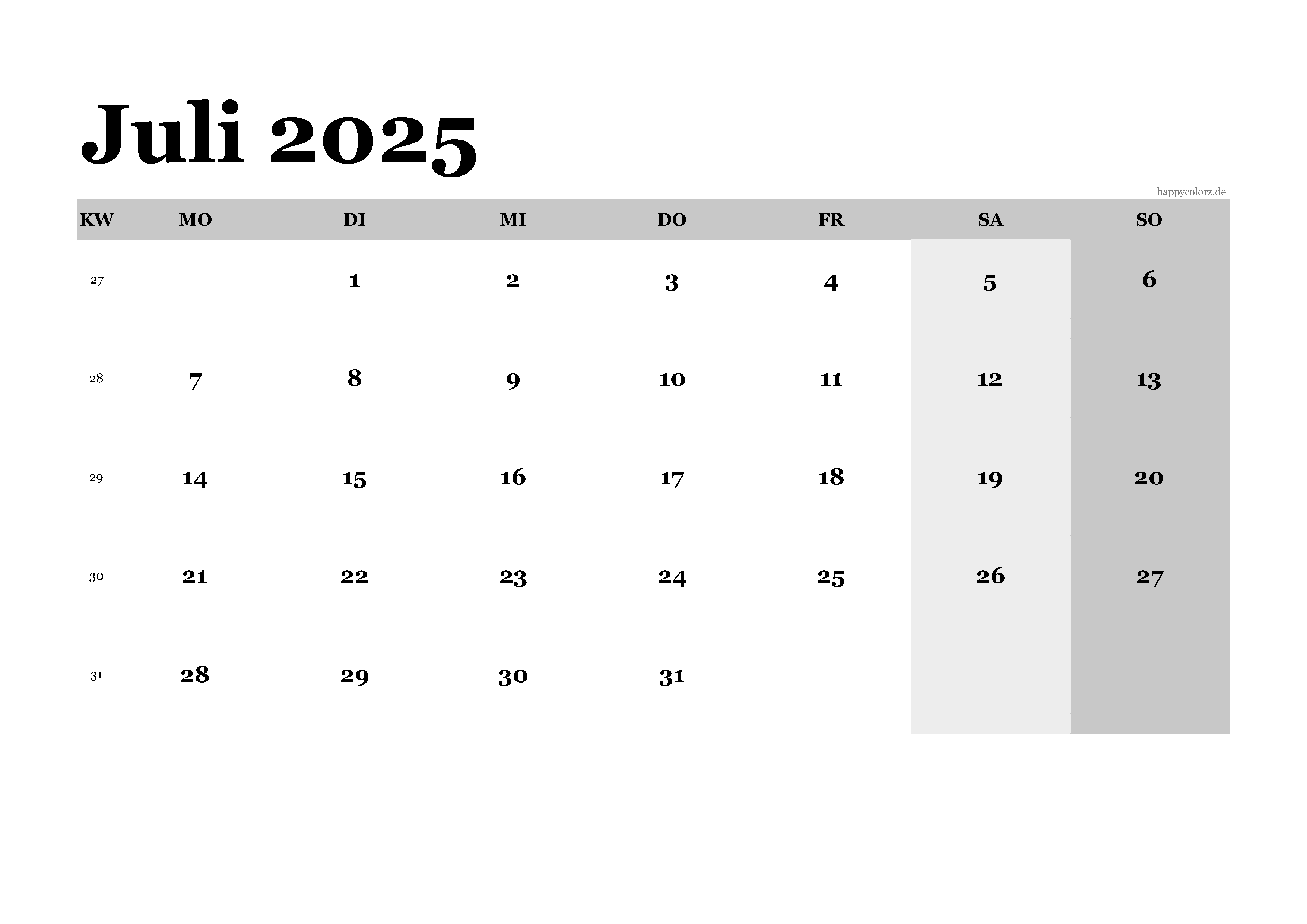 Kalender Juli 2025 klassisch, Querformat PDF zum Ausdrucken